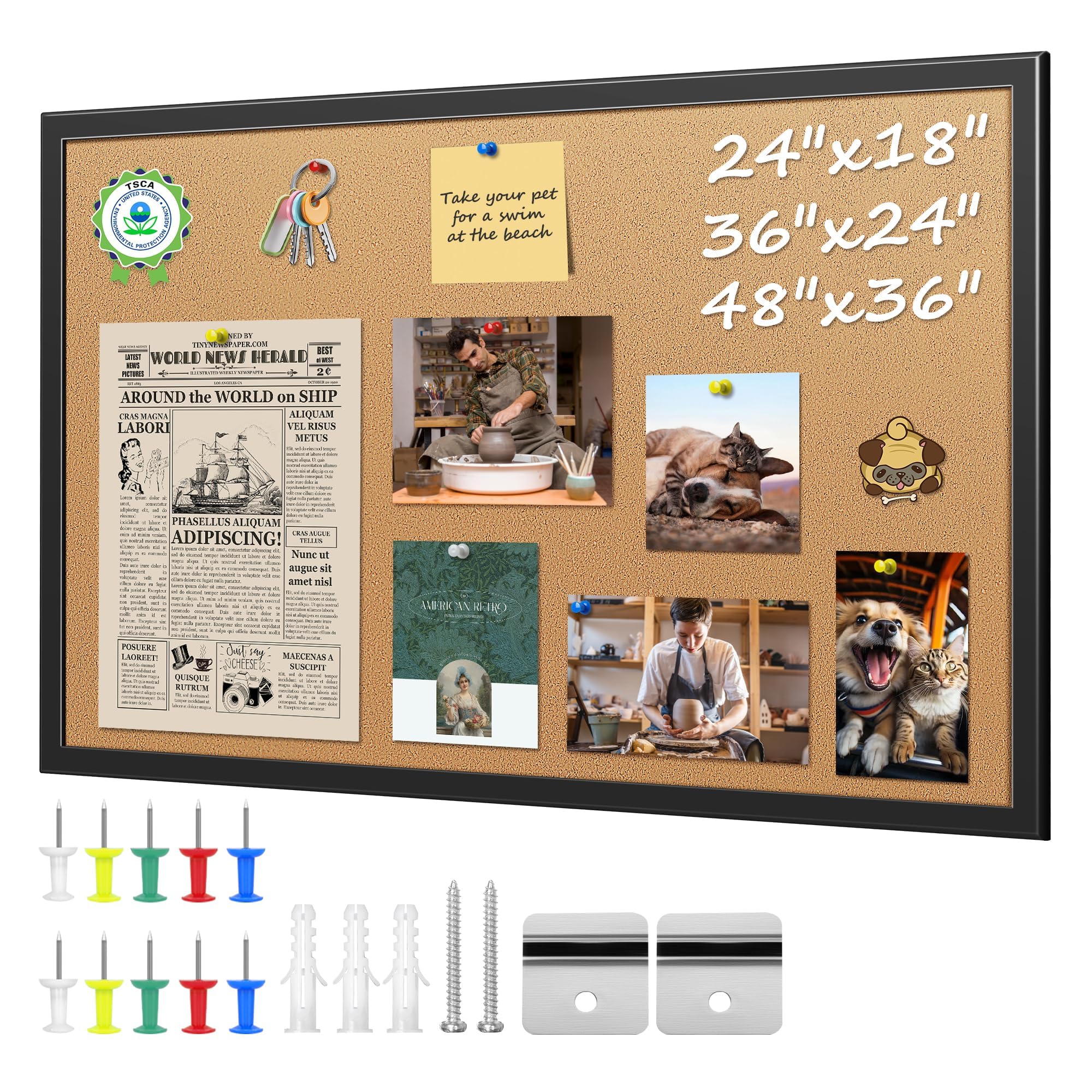 ORIENTOOLS 48" x 36" Framed Cork Board for Walls, Bulletin Board with 10 Push Color Pins, Hanging Pin Board, Decorative Vision Board, Large Corkboard for Office, Home, School, Cubicle