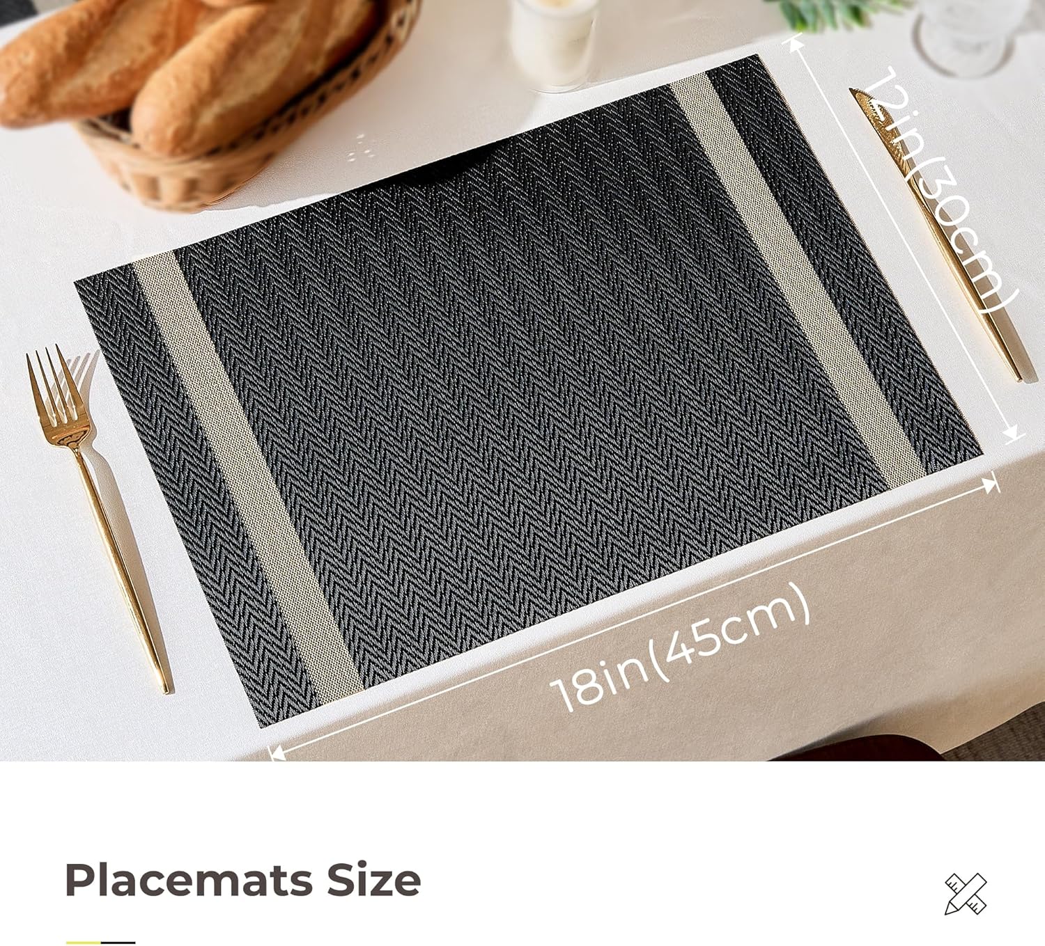 Leetaltree Sparkling Black Vinyl Woven Placemats Set of 12 - Washable Dining Table Place Mats Striped, Suitable for Wedding, Anniversary, Daily Use