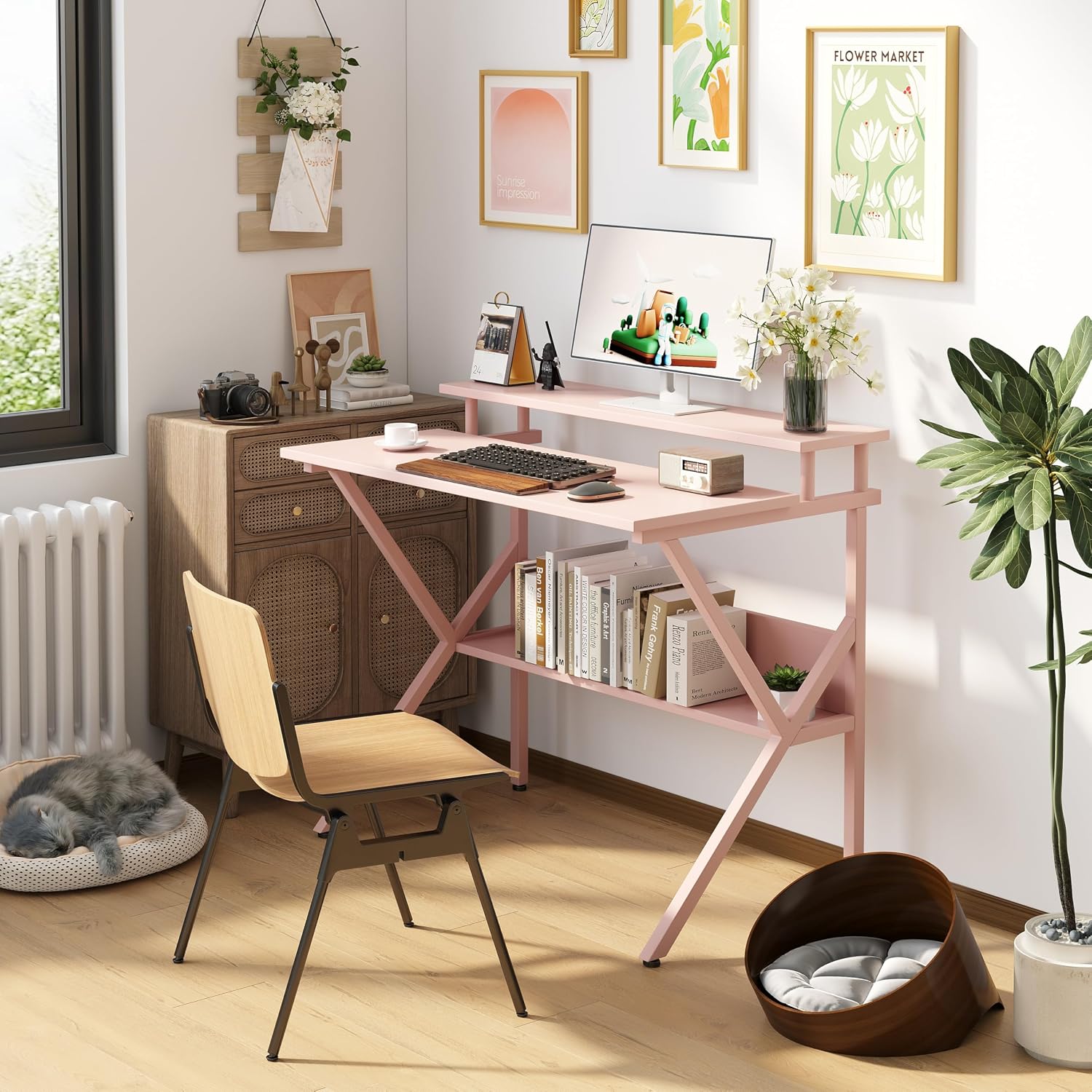 MEXIN 27'' Small Computer Desk, Home Office Desk for Small Space, Laptop Desk with Monitor & Storage Shelves, Modern Style Writing Desk for Home Bedroom Living Room, Pink