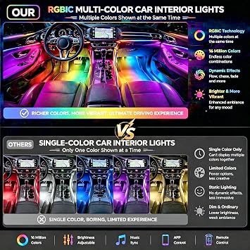 RGB-IC Car LED Interior Strip Lights with Remote Control, Dream Color APP Control Car Inside Ambient Lighting, Multicolor USB Footwell Under Dash Neon Light Kits for Cars,SUVs,ATV,Truck, DC12V