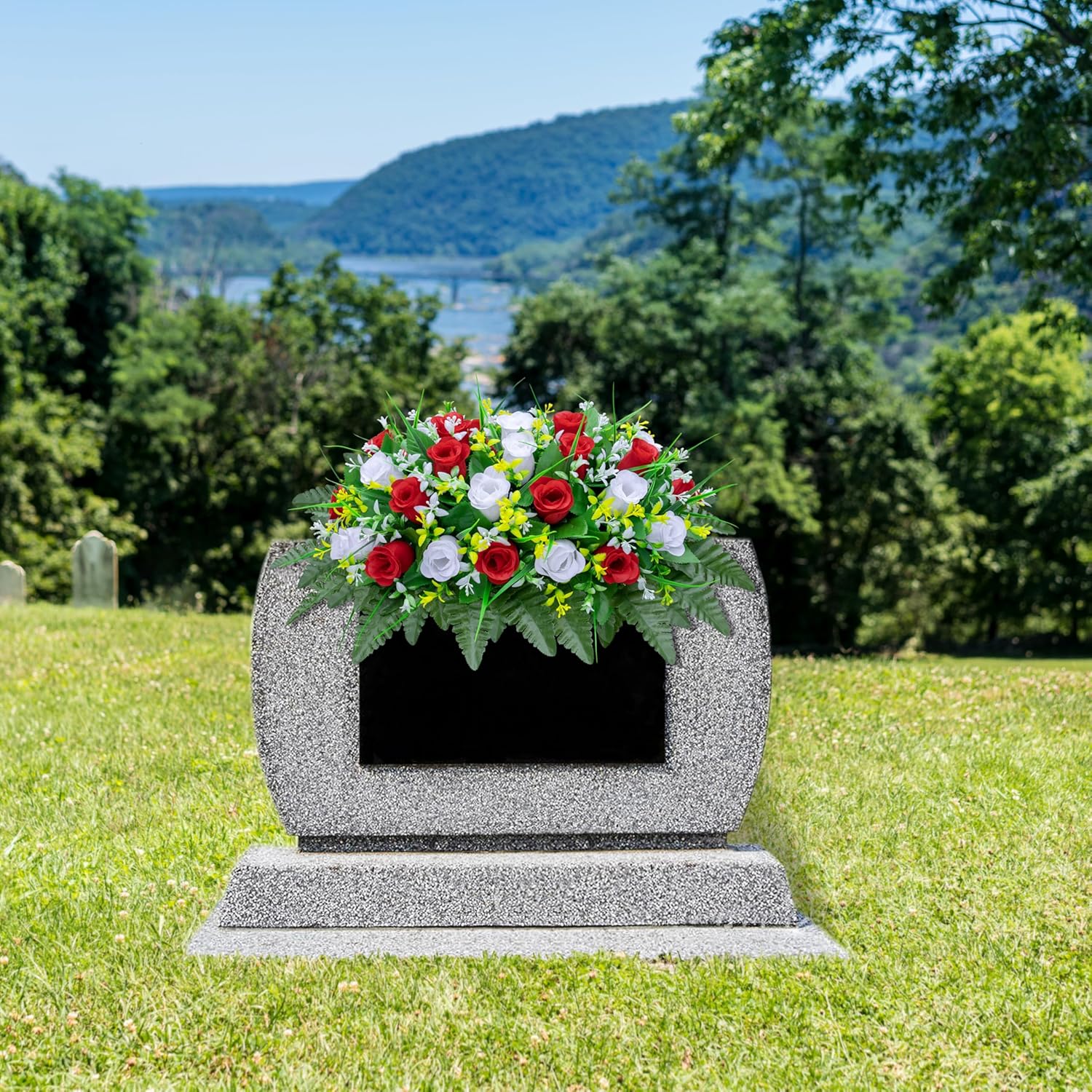 LVXINLI Artificial Cemetery Flowers Saddle-Shaped Tombstone Decorations Non-Fading UV-Resistant （Red and White Saddle