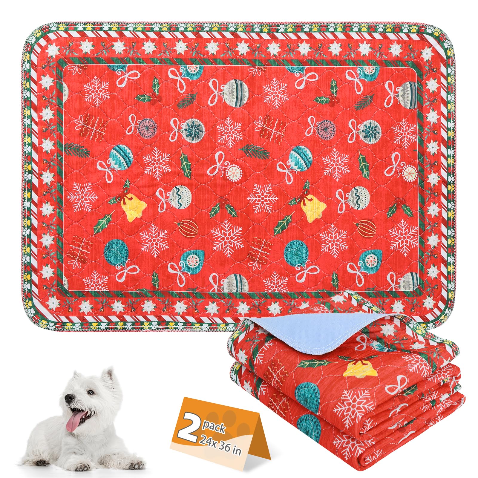 KOOLTAIL Washable Pee Pads for Dogs, 2 Pack Christmas Pet Mats, Super Absorbent Reusable Puppy Training Pads Waterproof,Nonslip Leak-Proof Dog Pee Pad,Large Whelping Pads for Floor,Crate,Couch,24"*36"