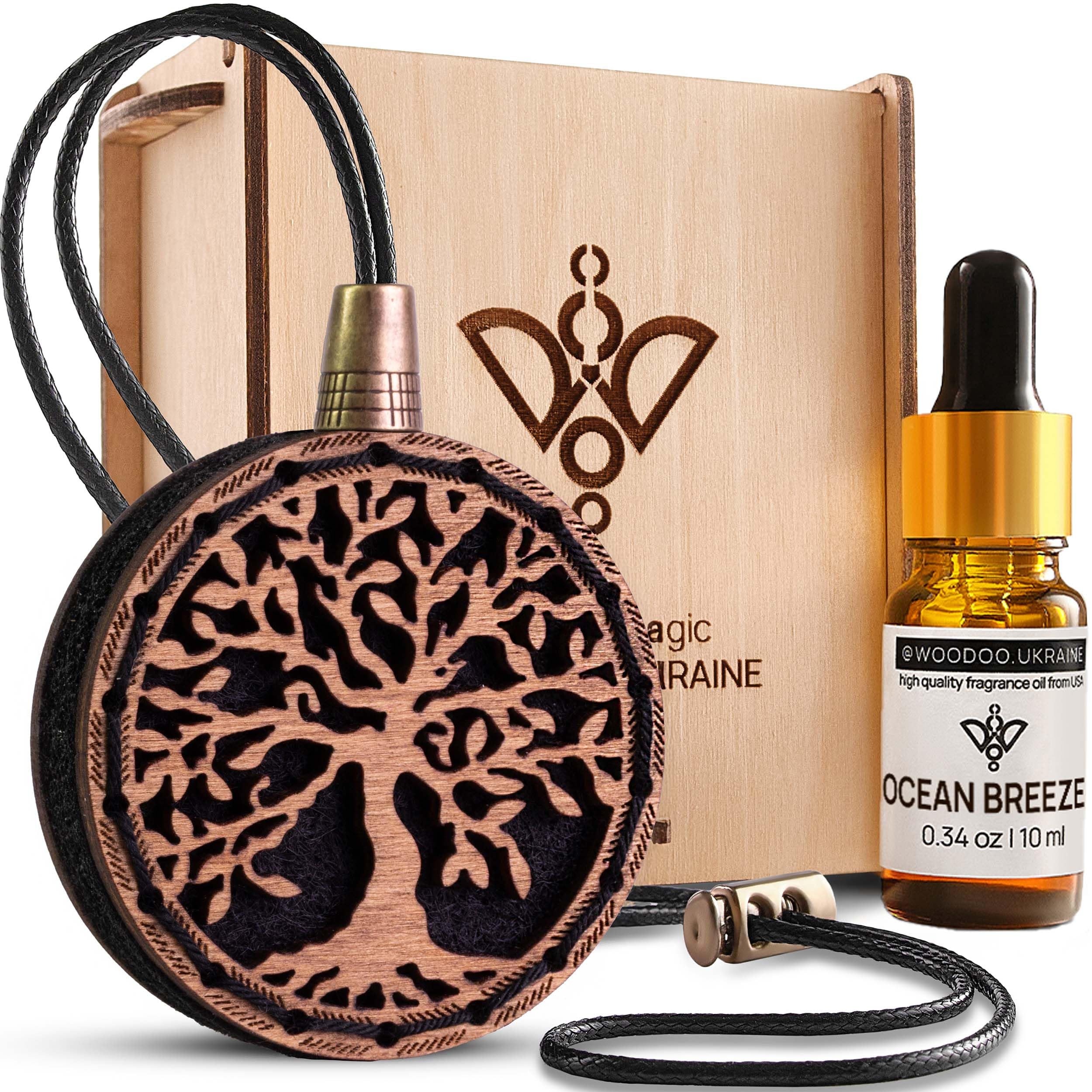 Ambientador de madera para coche, ambientador de coche hecho a mano, difusor de aceite de fragancia diseñado con árbol de la vida en caja de regalo de madera, juego de regalo de
