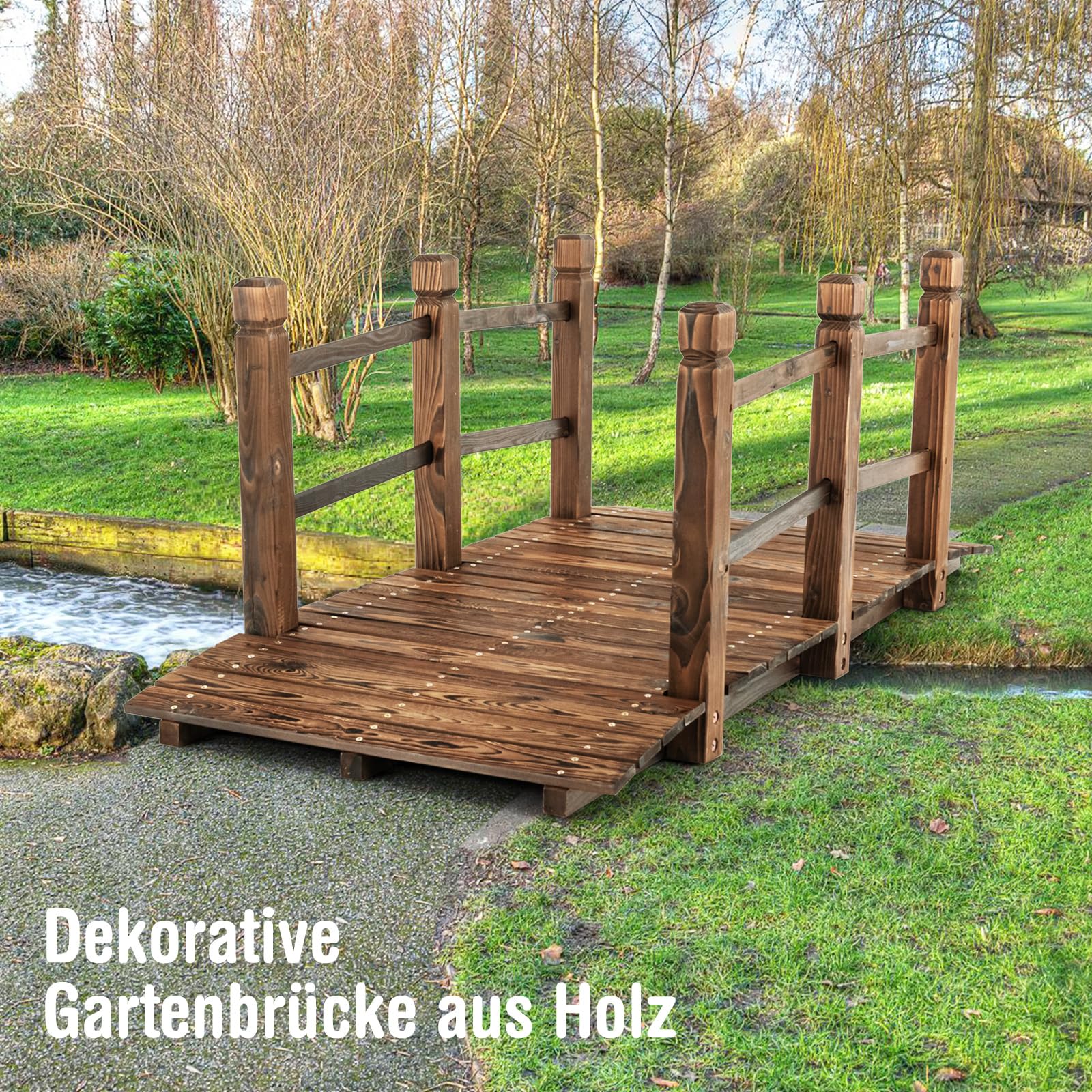 COSTWAY Brücke, Teichbrücke Gartenbrücke, Holzbrücke mit Geländern, Zierbrücke bis 180 kg belastbar, aus massivem Tannenholz, Dekobrücke für Garten Teich Außenbereich, 150 x 67 x 55 cm (Braun)