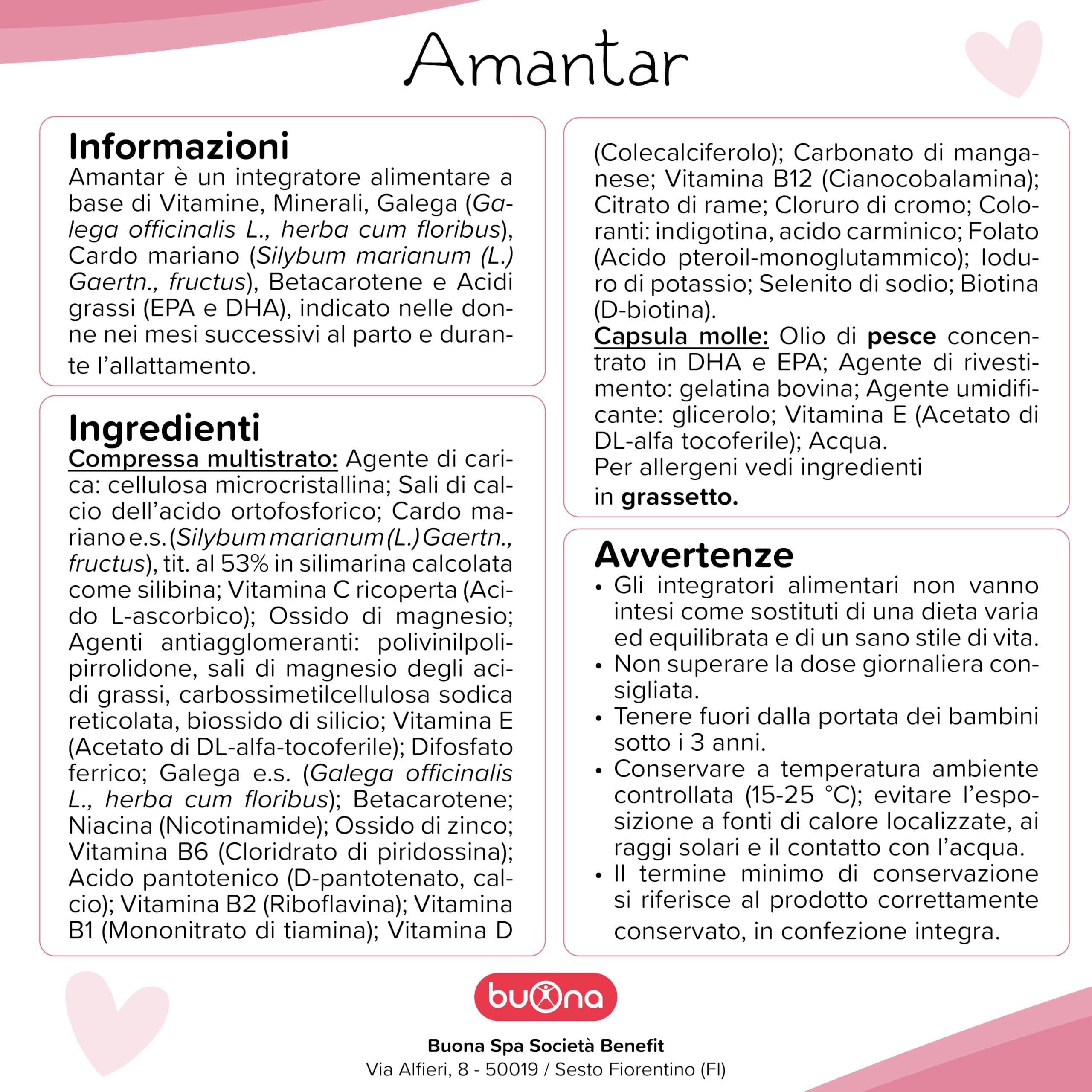 Buona Amantar Integratore Allattamento Mamma e Post Parto 20 Compresse + 20 Capsule con Vitamine, Minerali, DHA, Galega e Silimarina. Senza Glutine e Lattosio