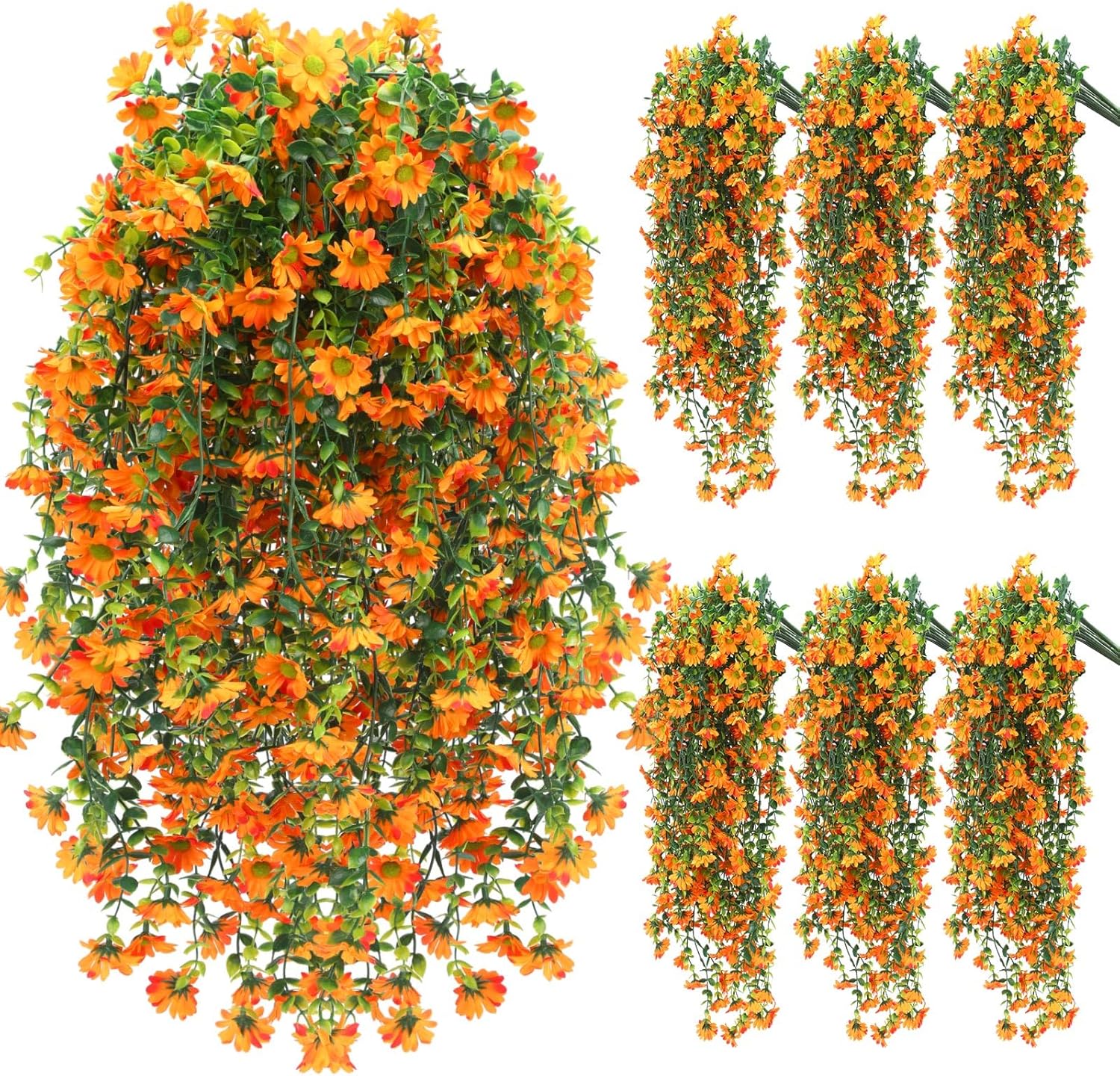 FineCheer 6 Pcs Spring Artificial Hanging Flowers Outdoor Faux Silk Mum Plant Decor Violet with Eucalyptus Realistic UV Resistant Trailing Vine Spring Porch Yard(Orange,Chamomile)