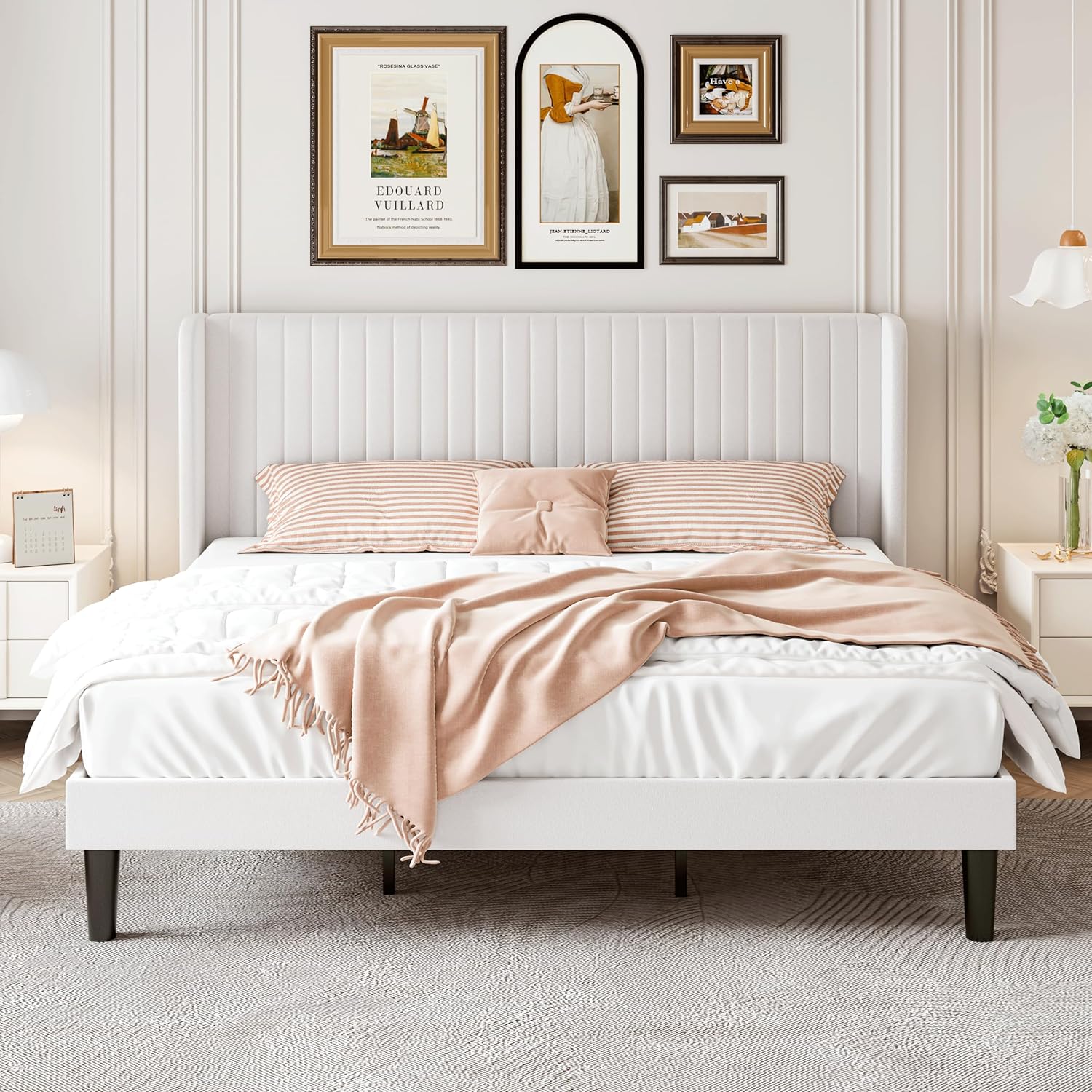 SHA CERLIN King Size Velvet Bed Frame with Vertical Channel Tufted Wingback Headboard, Upholstered Platform Bed with Wood Slats, No Box Spring Needed, Easy Assembly, White - Image 3