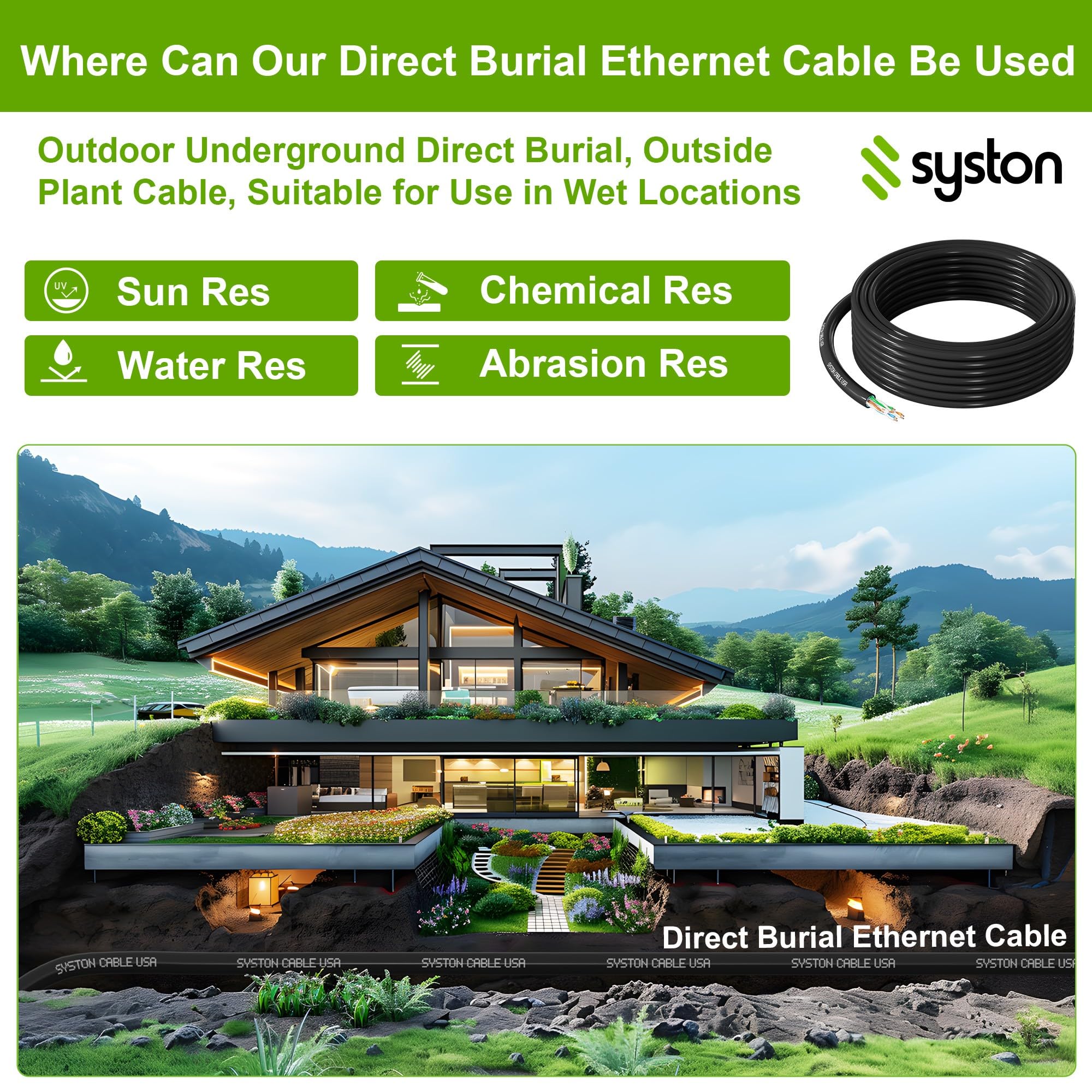 Syston Direct - Cavo di rete Ethernet Cat 6E da 600 MHz, UTP 23 AWG per piante esterne (OSP), classificato, filo di rame puro nudo, impermeabile, con gel anti-acqua, per ambienti esterni e bagnati
