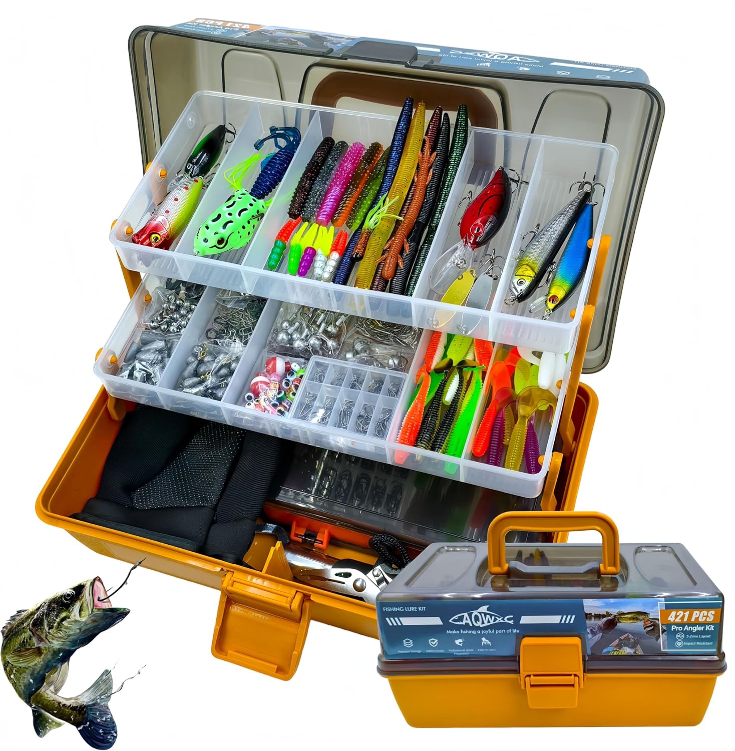 Large 3-Layer Tackle Box with Tackle Included, 421Pcs Fishing Lures Kit - Pliers, Crankbait, Hooks, Weights & Accessories - Freshwater Bass Fishing Bait Lure Gear and Equipment