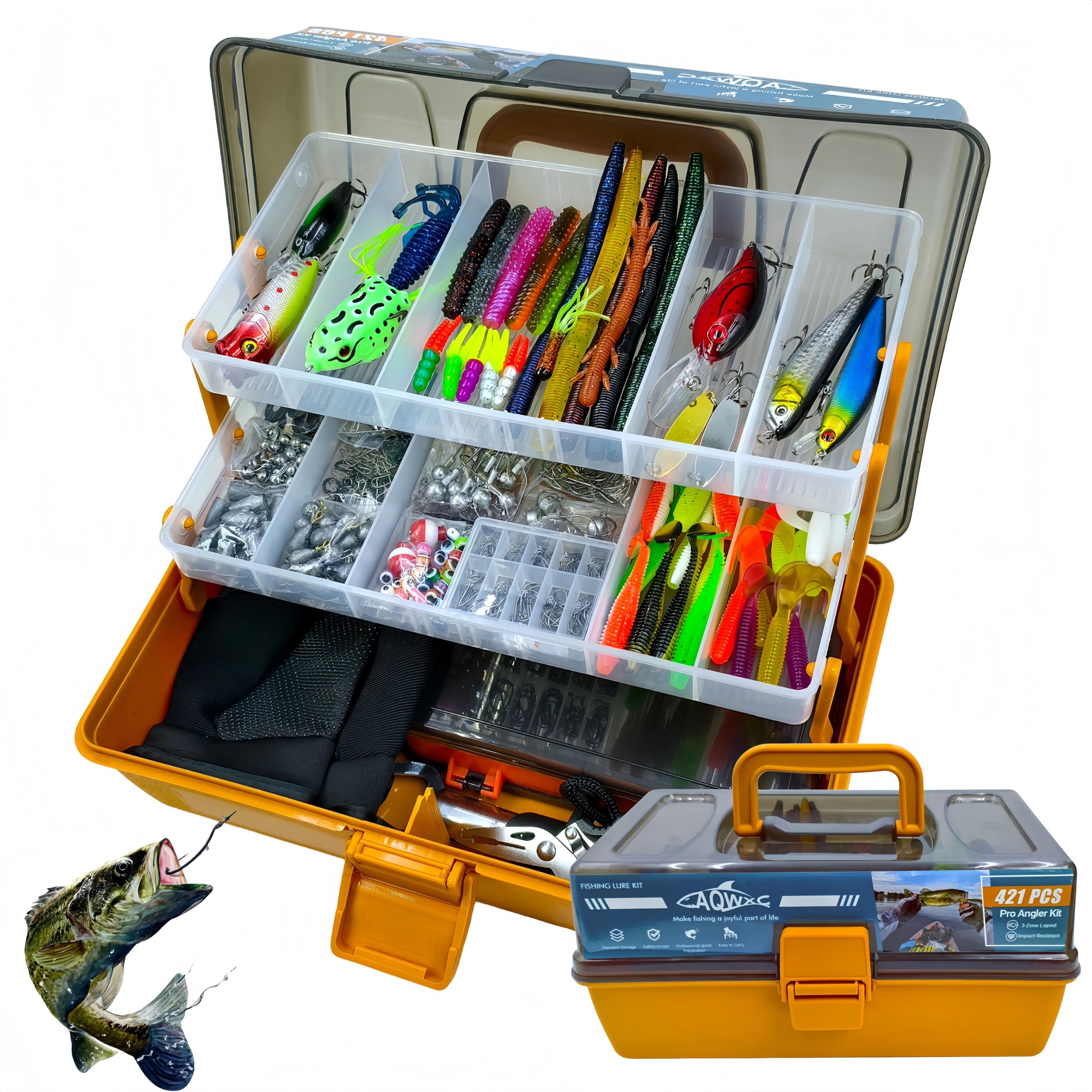 Große 3-lagige Köderbox mit Ausrüstung, 421-teiliges Angelköder-Set – Zange, Kurbelköder, Haken, Gewichte und Zubehör – Süßwasserbarsch-Angelköder, Ausrüstung und Ausrüstung