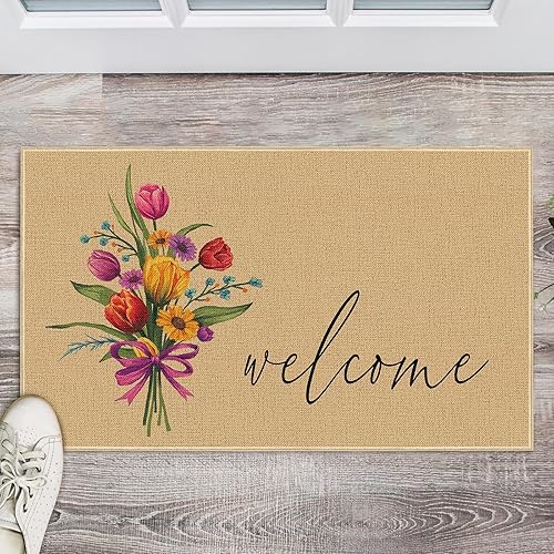 Miniatura 2 de Heyfibro Tapete de bienvenida floral de primavera, tapete de puerta delantera, tapete de entrada de flores de tulipán de verano, antideslizante, 29