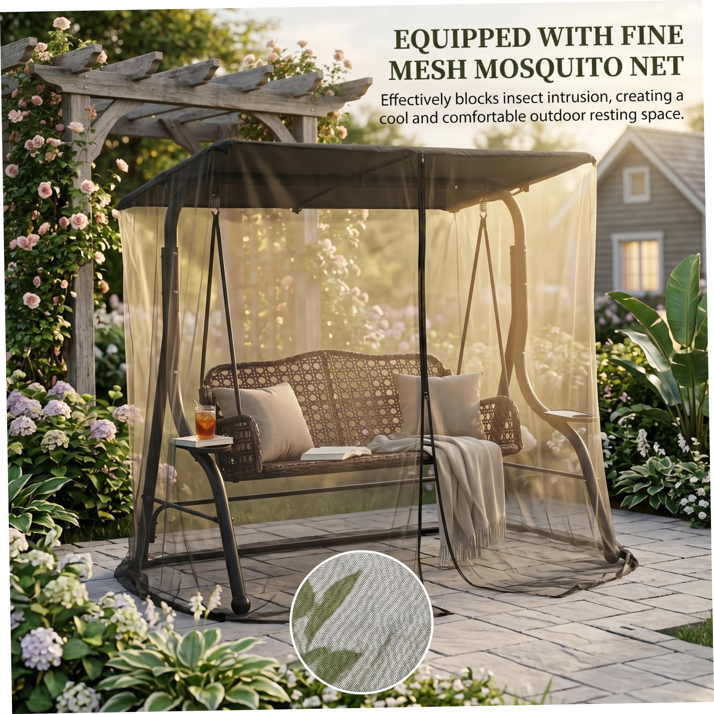 Moustiquaire de terrasse pour Porche, balancelle 3 Places avec auvent imperméable, Anti-Insectes, Noire, 2 m (6, 73 pi)