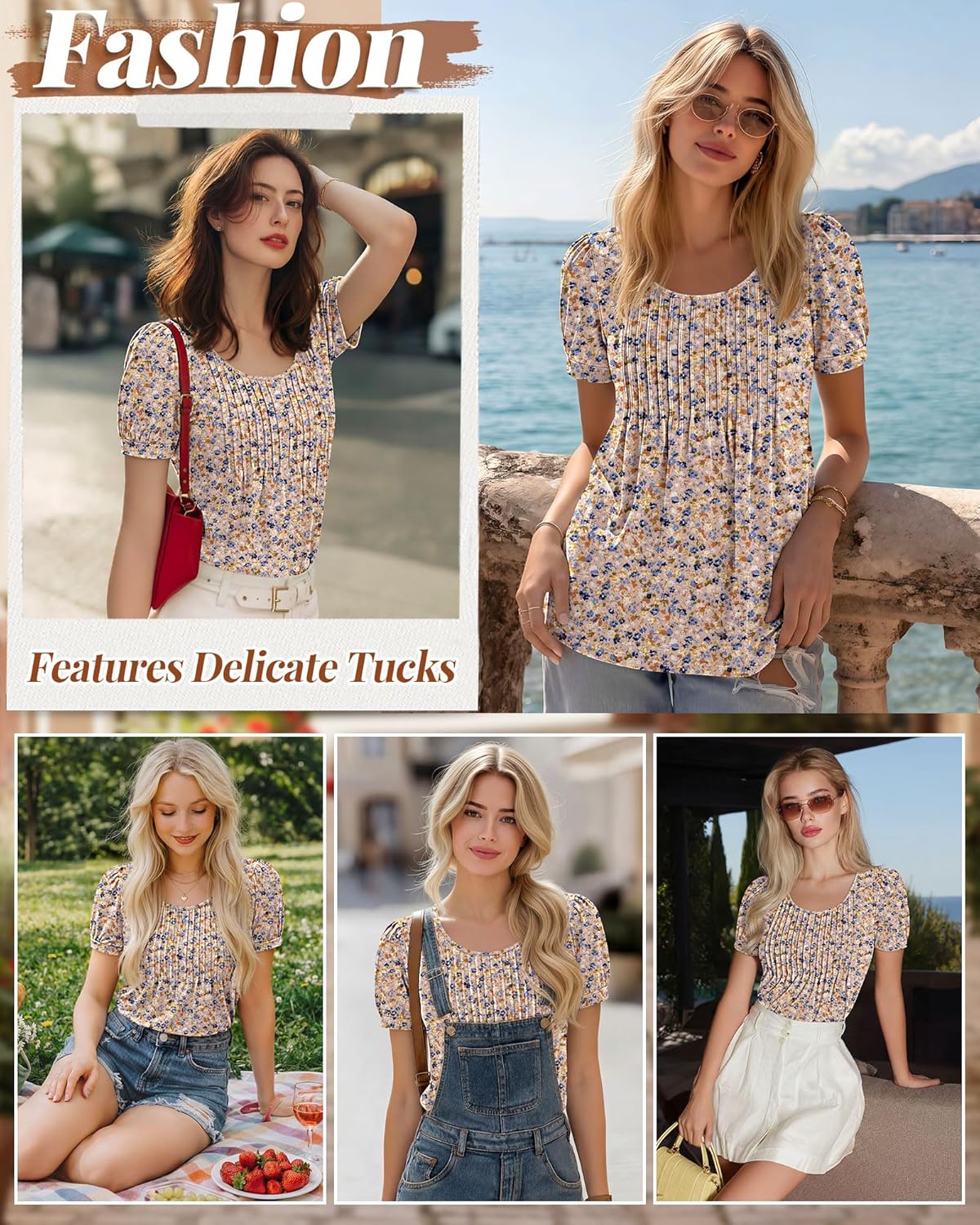 Ficerd Women's Puff Short Sleeve Tunic Tops Pleated Crew Neck Summer Blouses Dressy Casual Loose T Shirts - Image 3