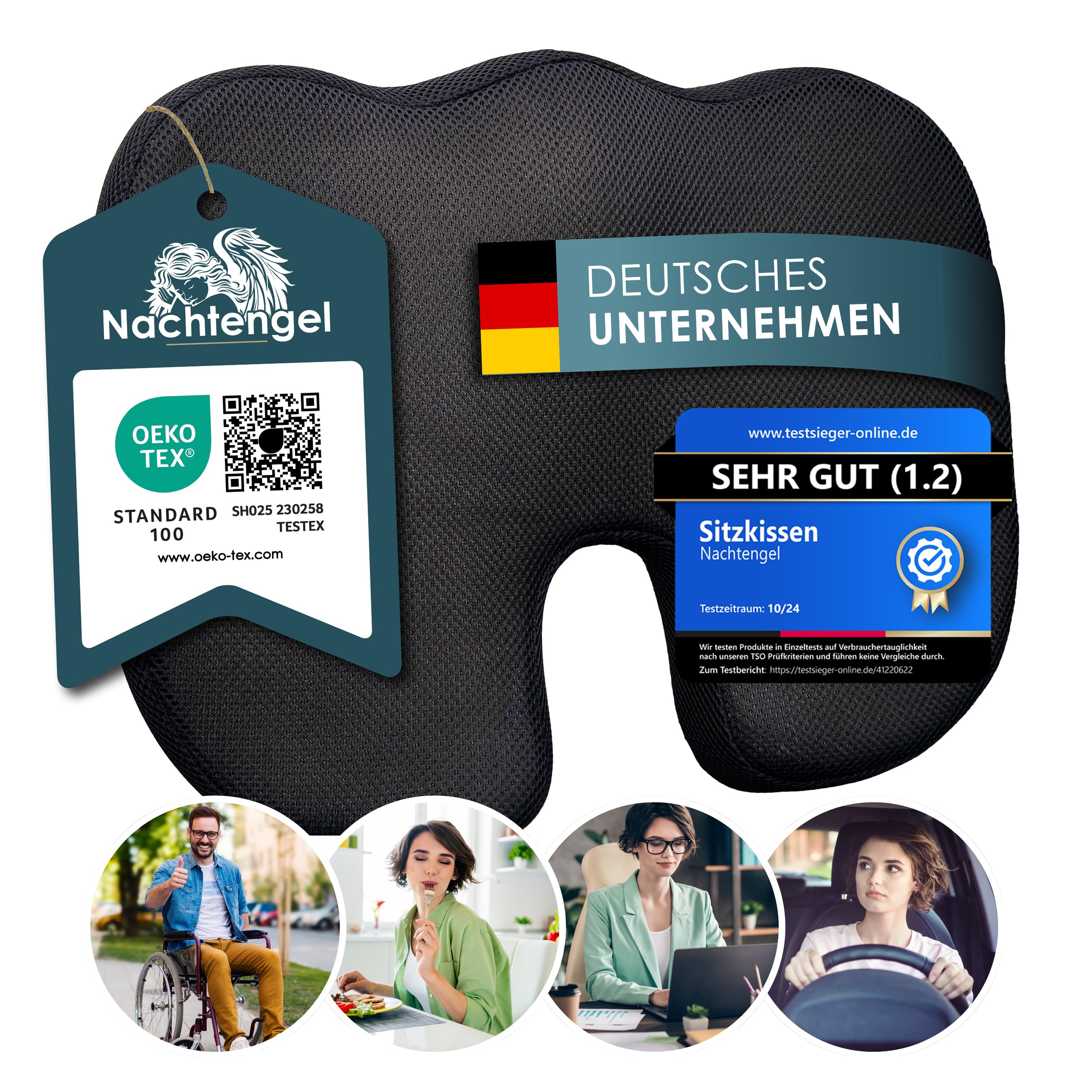 Nachtengel SITZKISSEN ORTHOPÄDISCH MIT Memory Foam – Sitzkissen Stuhl für ergonomischen Komfort & Steißbeinentlastung – Effektives Steißbeinkissen für Büro, Homeoffice & Auto – (Weich 40–65 kg)