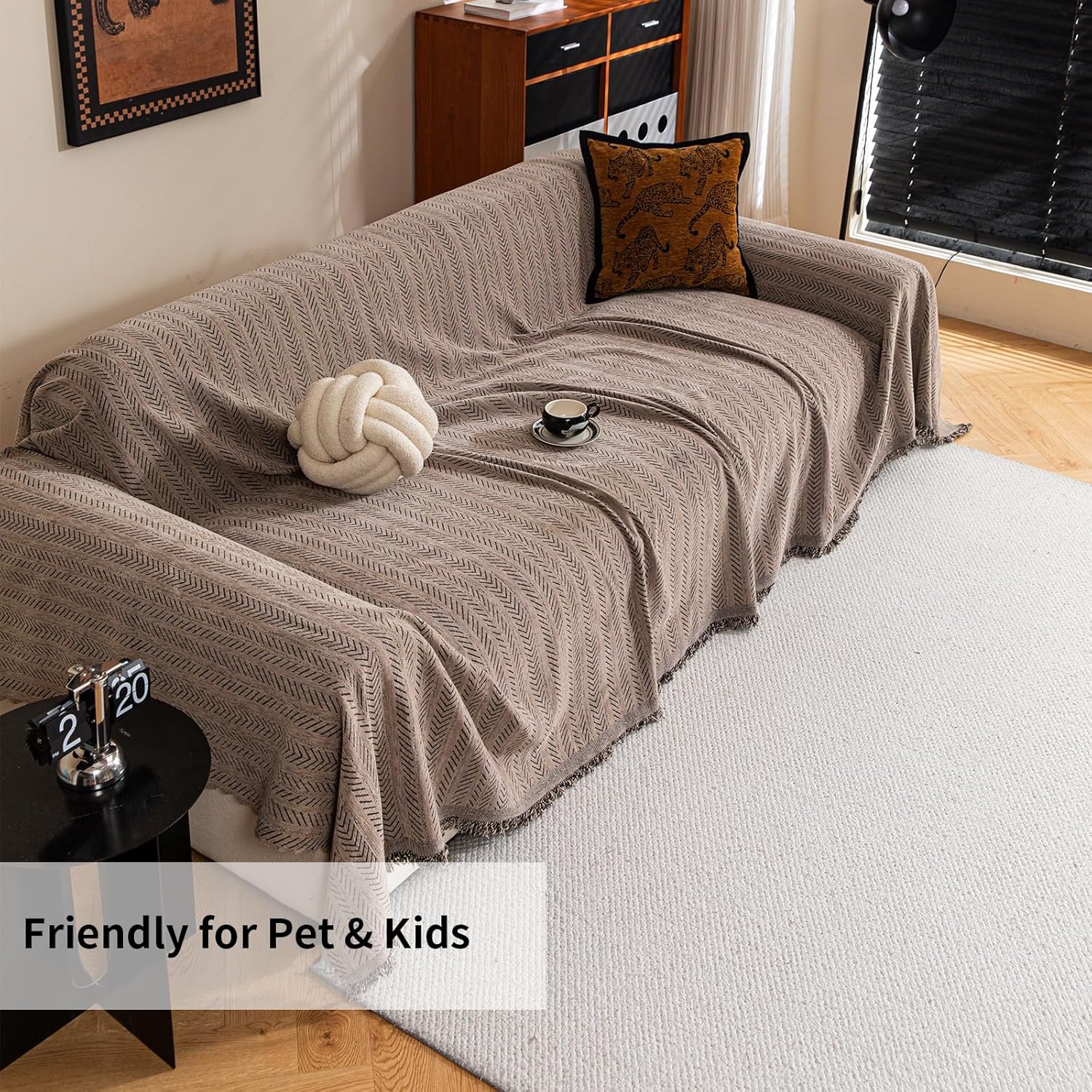 Sofa Covers for 2 Cushion Couch Sofa, Loveseat Non Slip Couch Cover Polyester Strip Couch Throw Blankets with Tassel, Sectional Sofa Slipcover Furniture Protector for Pets, Kids 71"x118", Light Brown