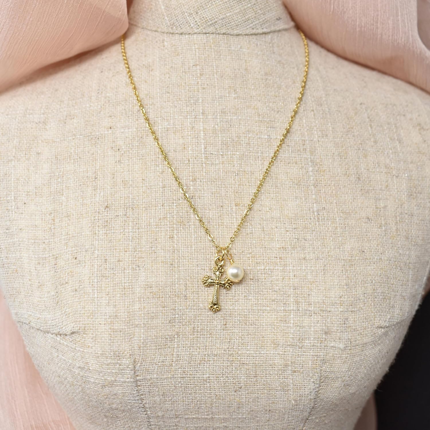Little Girls Gold Cross Necklace with Crystal Pearl | 14" Plus 2" Extender Chain | Gift for Goddaughter | Baptism Jewelry | First Communion Gift - Image 6