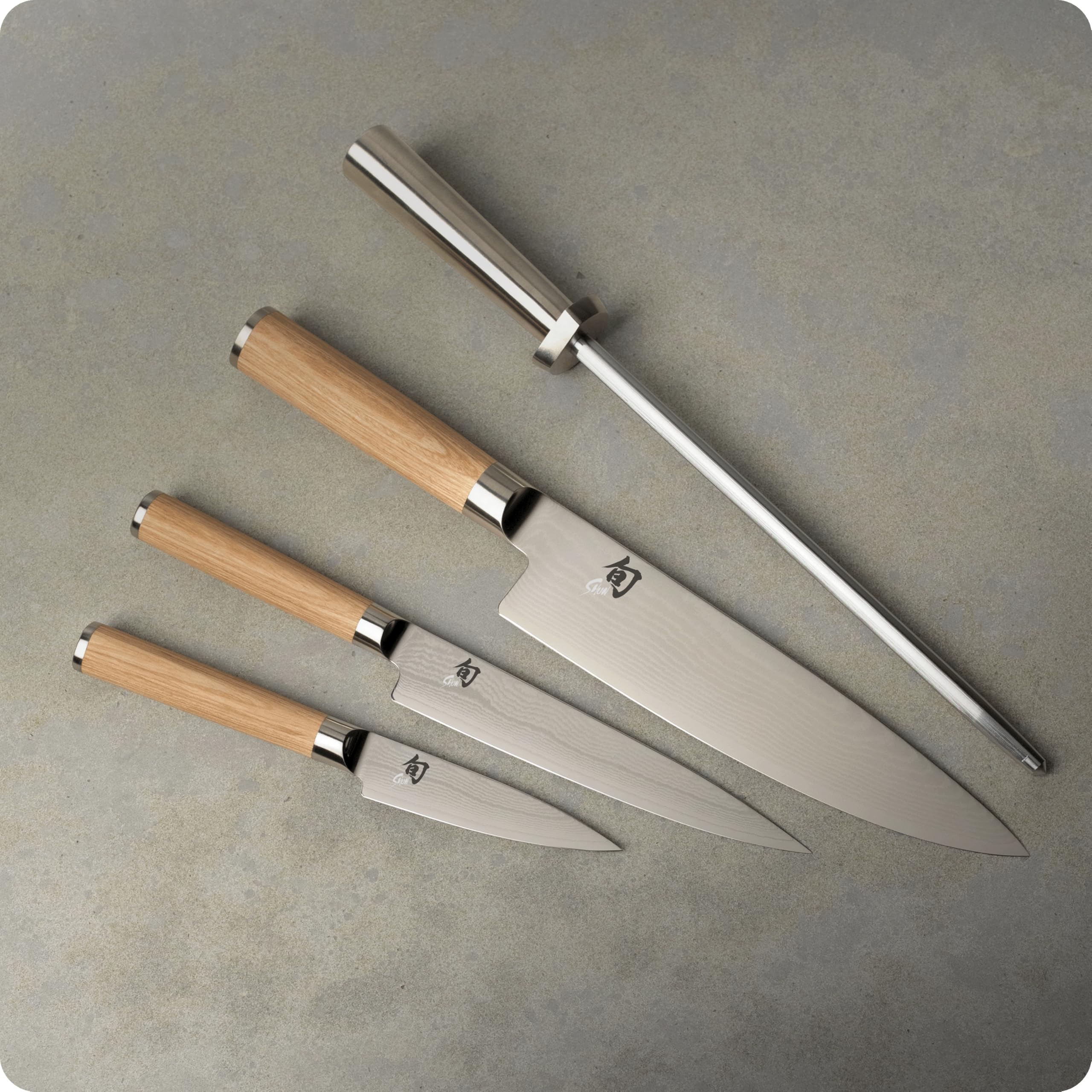 Shun Classic Blonde - Juego de 5 cuchillos de iniciación para cocinero, utilidad y cuchillos de pelar con acero pulido y bloque; asas de madera Pakka, cuchillas VG-MAX, grande