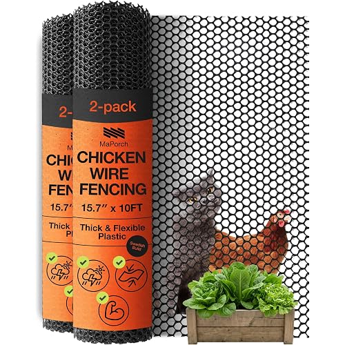 Maporch Plastic Chicken Wire Fencing for Pet Protection - 15.7" x 10ft, Black HDPE Mesh - Garden Fence Animal Barrier for Dogs, Cats and Rabbits (2-Pack)