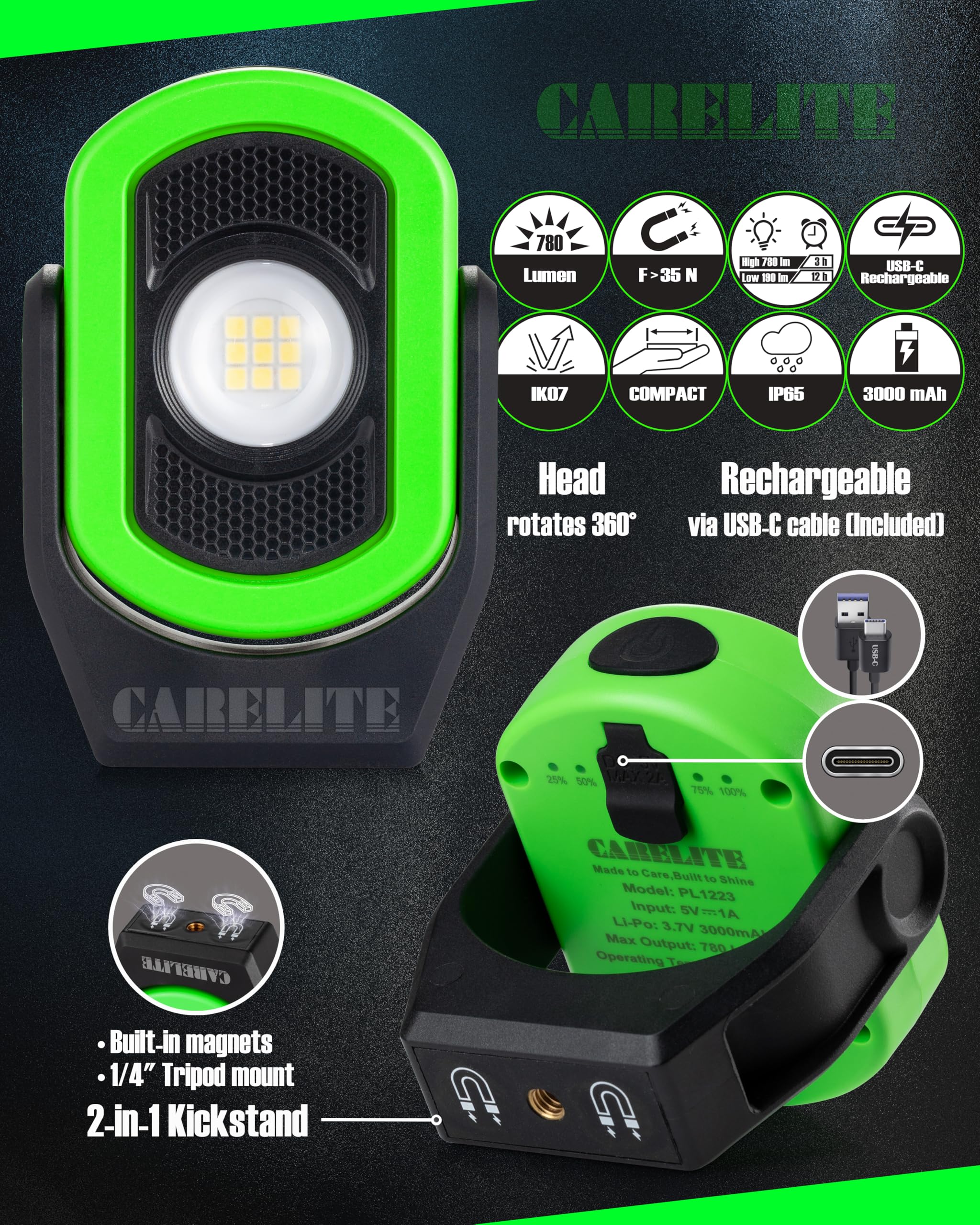 Arbeitslicht, magnetisches Licht mit 3 Modi und 360° Rotation, wiederaufladbares Mini-Taschenlicht mit 780 lm für Mechaniker, Arbeitsplätze und Notfall (Grün)