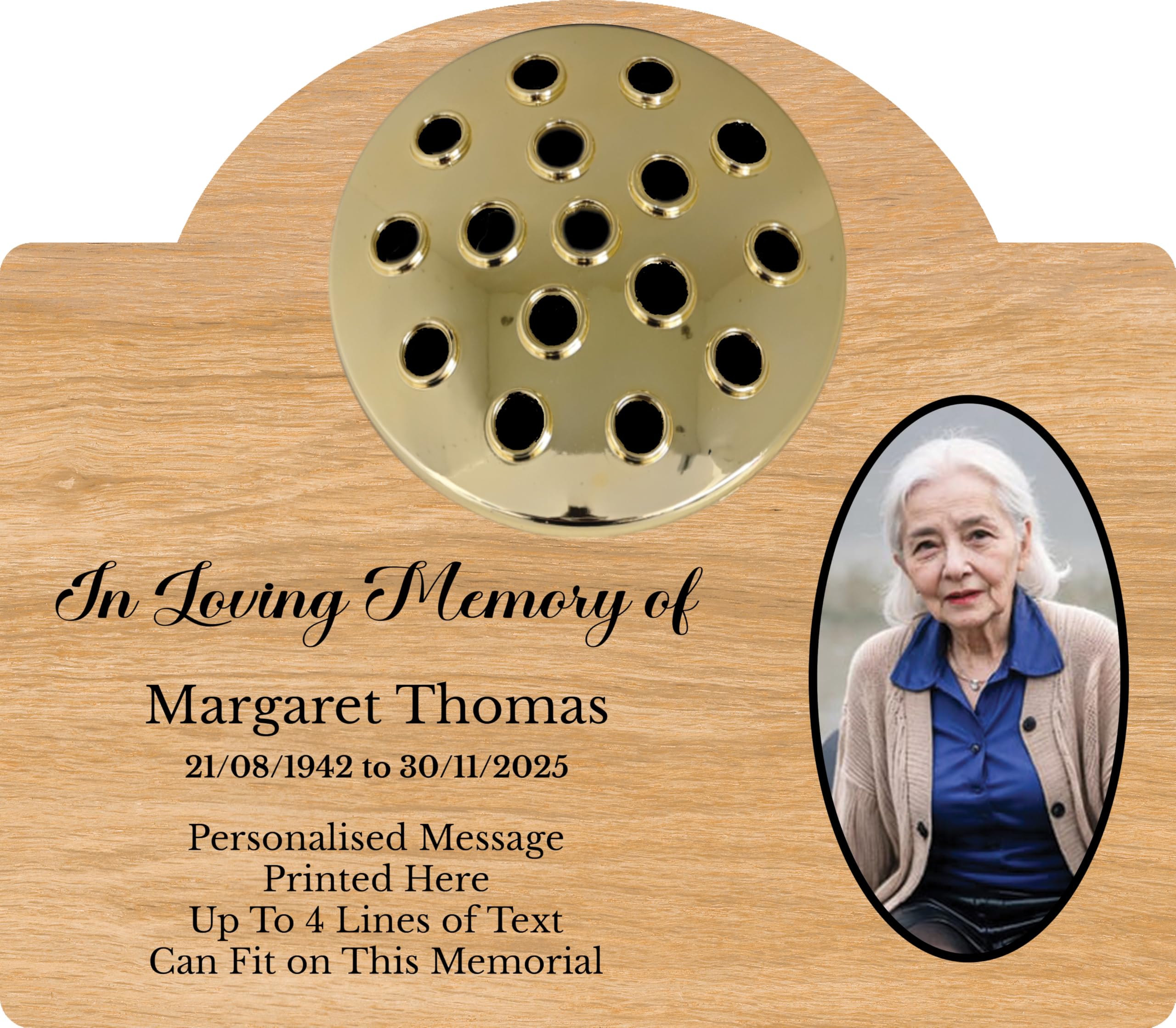1stclassgifts Personalised Metal Grave Stone Marker Headstone Memorial Plaque, In Memory Sign Remembrance Your Photo Grave Vase Flower Holder (UV PRINTED) (Light Wood, Gold Lid)