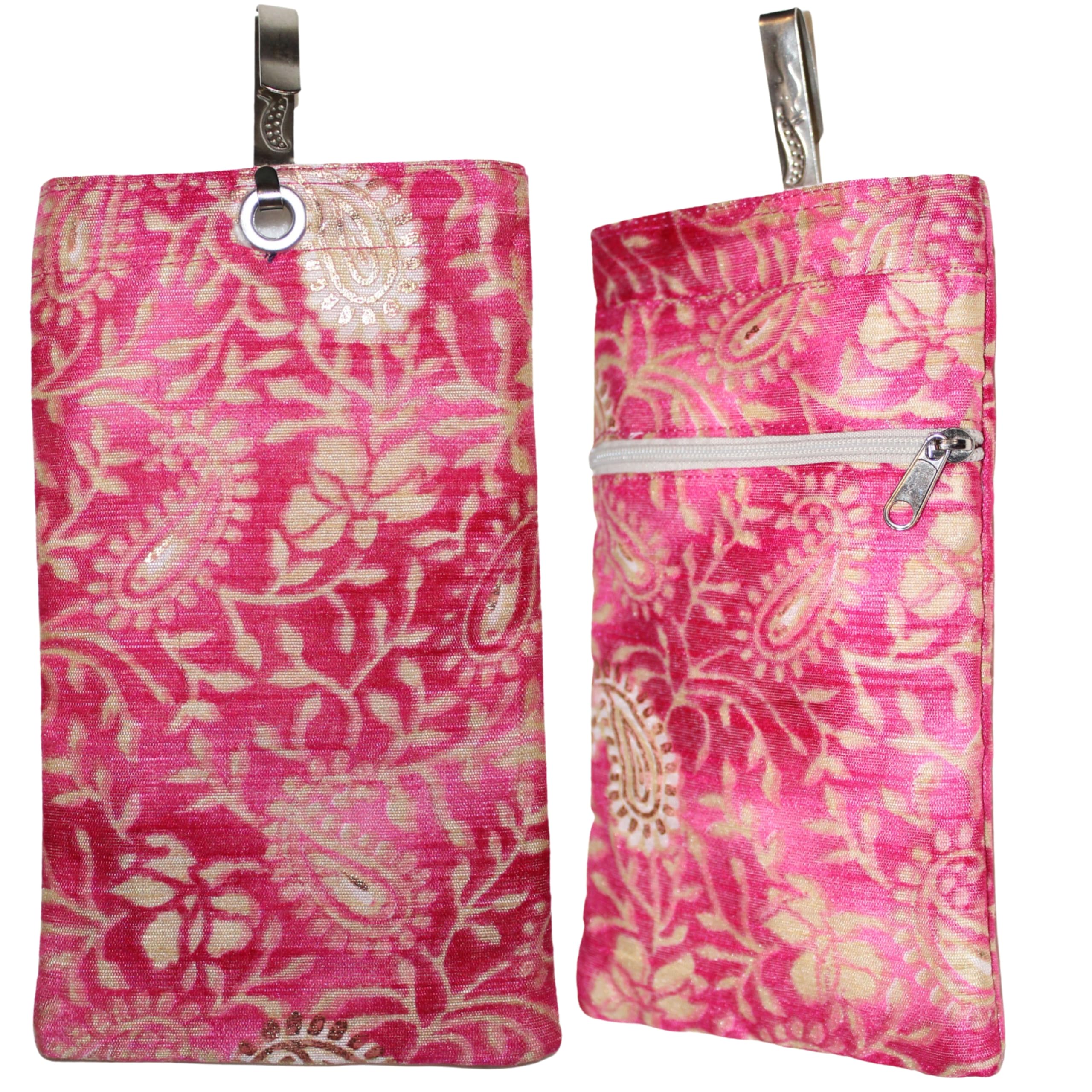 Saree Mobile Pouch for Women with Waist Clip | Mobile Cover with Saree Hook|Saree Purse for Women|Phone Pouch for Saree| 4.5 W x 7.5 L inches | Fancy Fabric (Pink)