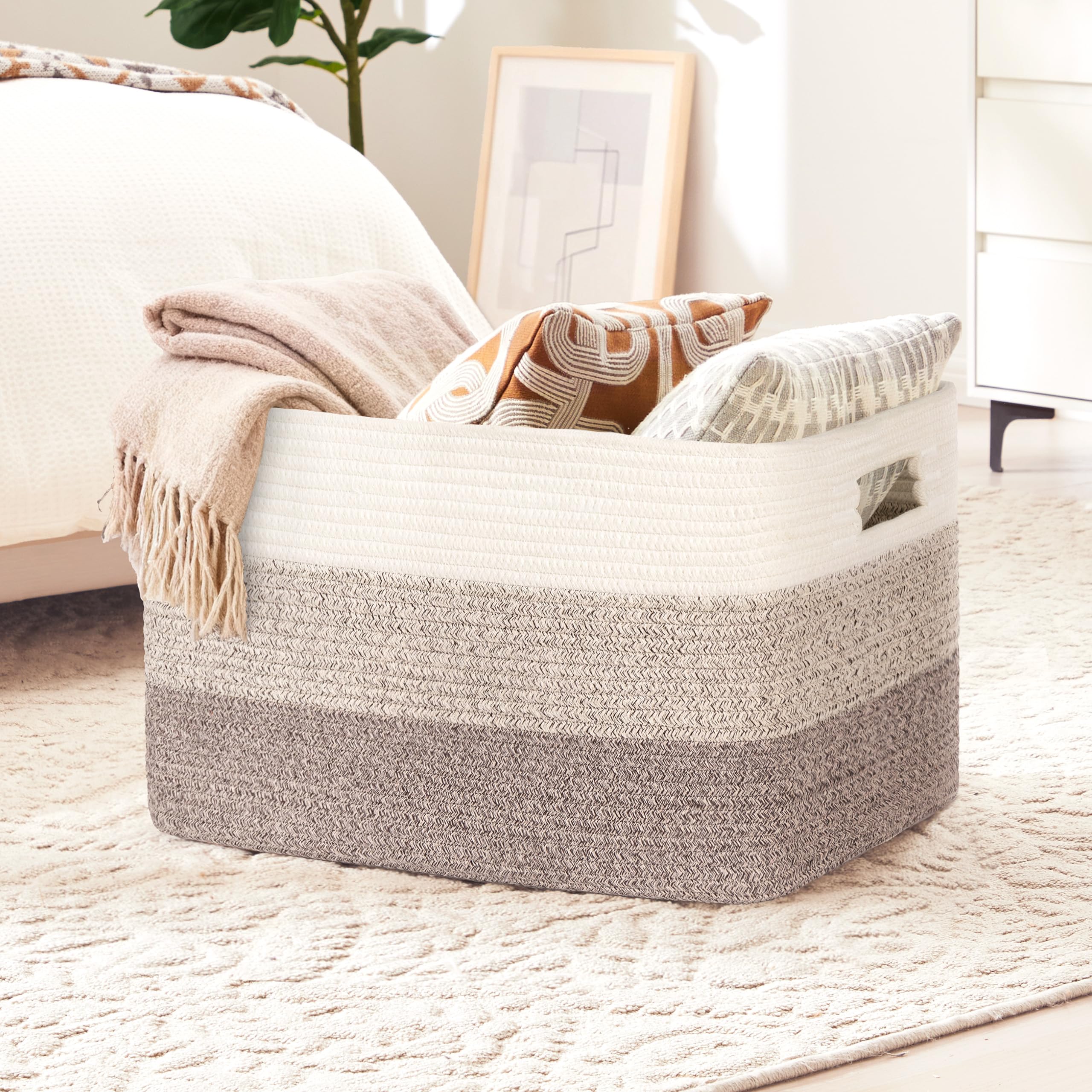 Grande Contenitore 86L in corda di cotone, cesto per giocattoli, coperte, vestiti, cesto per biancheria intrecciato con maniglie, per arredo camera bambini o soggiorno, sfumatura marrone