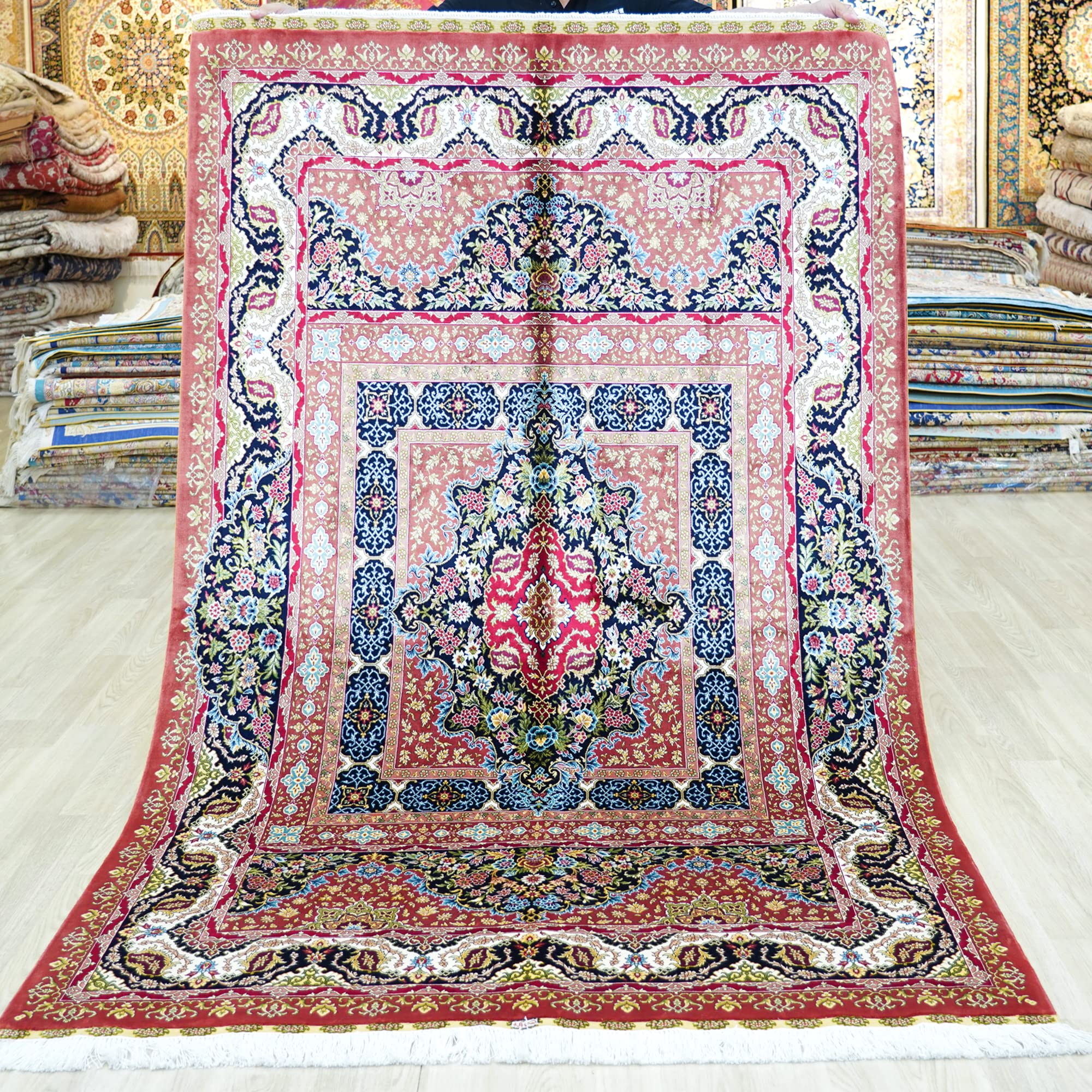 Oriental Silk Carpet 4x6 Blue Hand Woven Traditional Vintage Oriental Silk Area Rug for Bedroom
