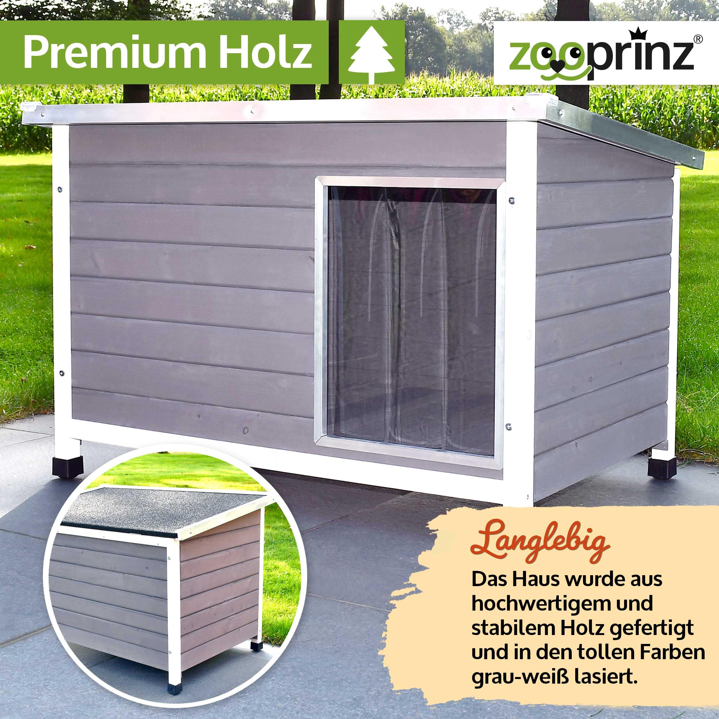 zooprinz Exklusive Hundehütte Jacky – aus wetterfestem & massivem Holz mit Metallrahmen, Dach zum Öffnen, Lamellentür & Kunststofffüßen – Hundehütte für Indoor und Outdoor (Hellgrau, XL)
