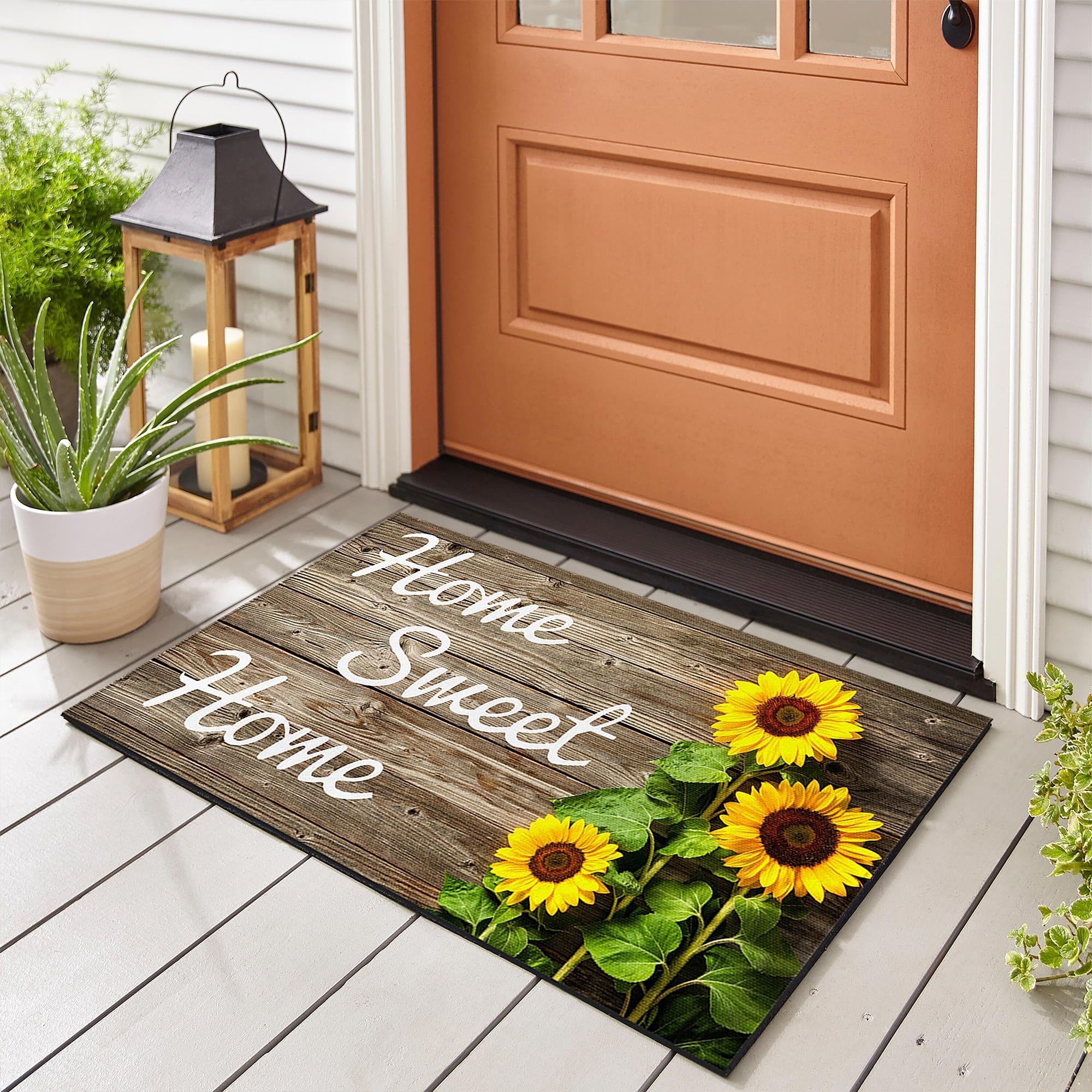 Sunflower Welcome Doormat Summer Door Mat, 17 X 29 Inch Wood Background Flower Spring Summer Decorative Home Sweet Home Entrance Mat Non-Slip Backing