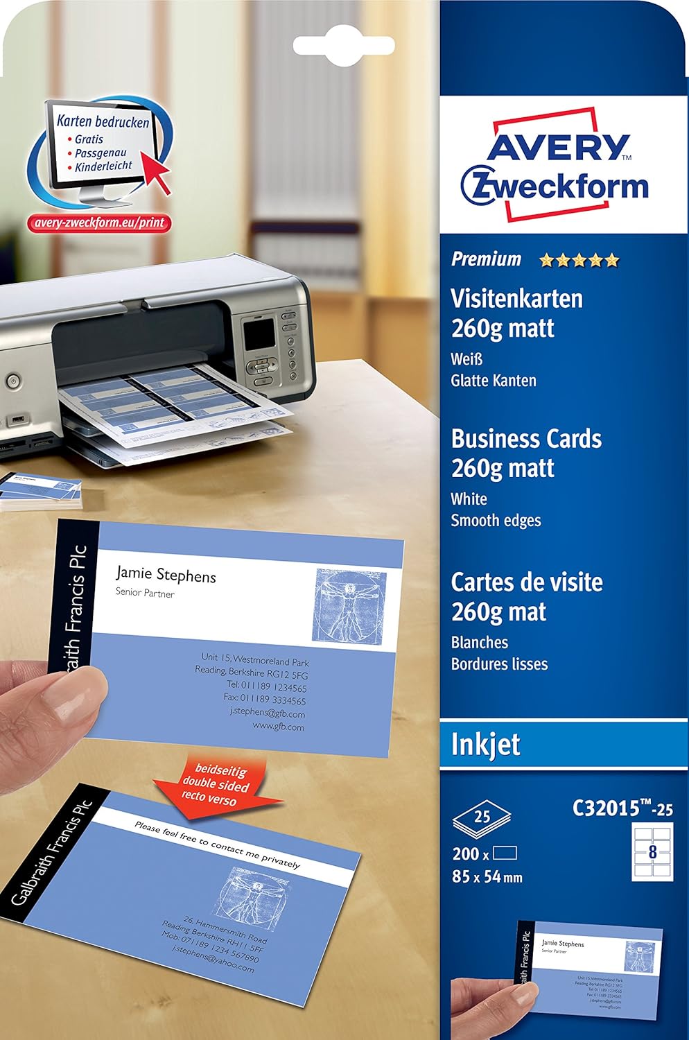 Avery-Zweckform C32010-25 Cartes de visite imprimables, microperforées 85 x 54 mm blanc 250 pc(s) Format du papier: DIN - Electronic France
