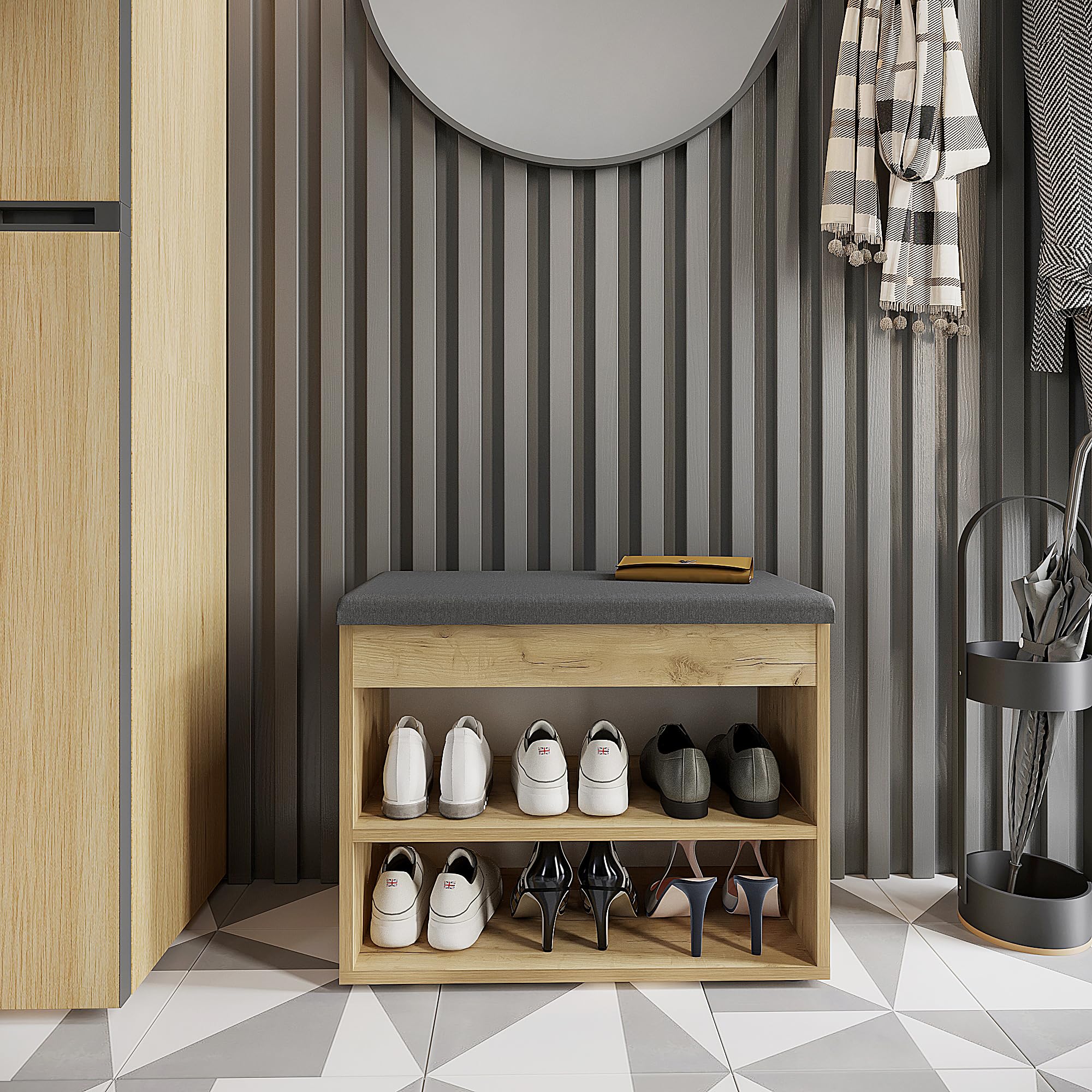 Komto Banc à Chaussures avec Assise Rembourrée – Meuble de Rangement Chêne Miel 60 x 48 x 32 cm pour Entrée, Couloir ou Chambre, Rangement Compact avec Coffre