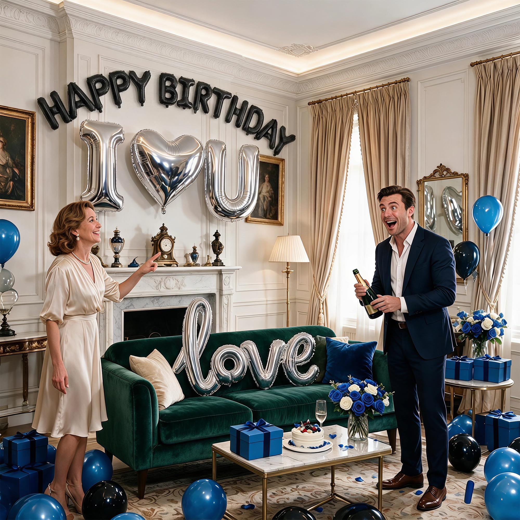 Set di palloncini di buon compleanno blu e nero con palloncini I Love You