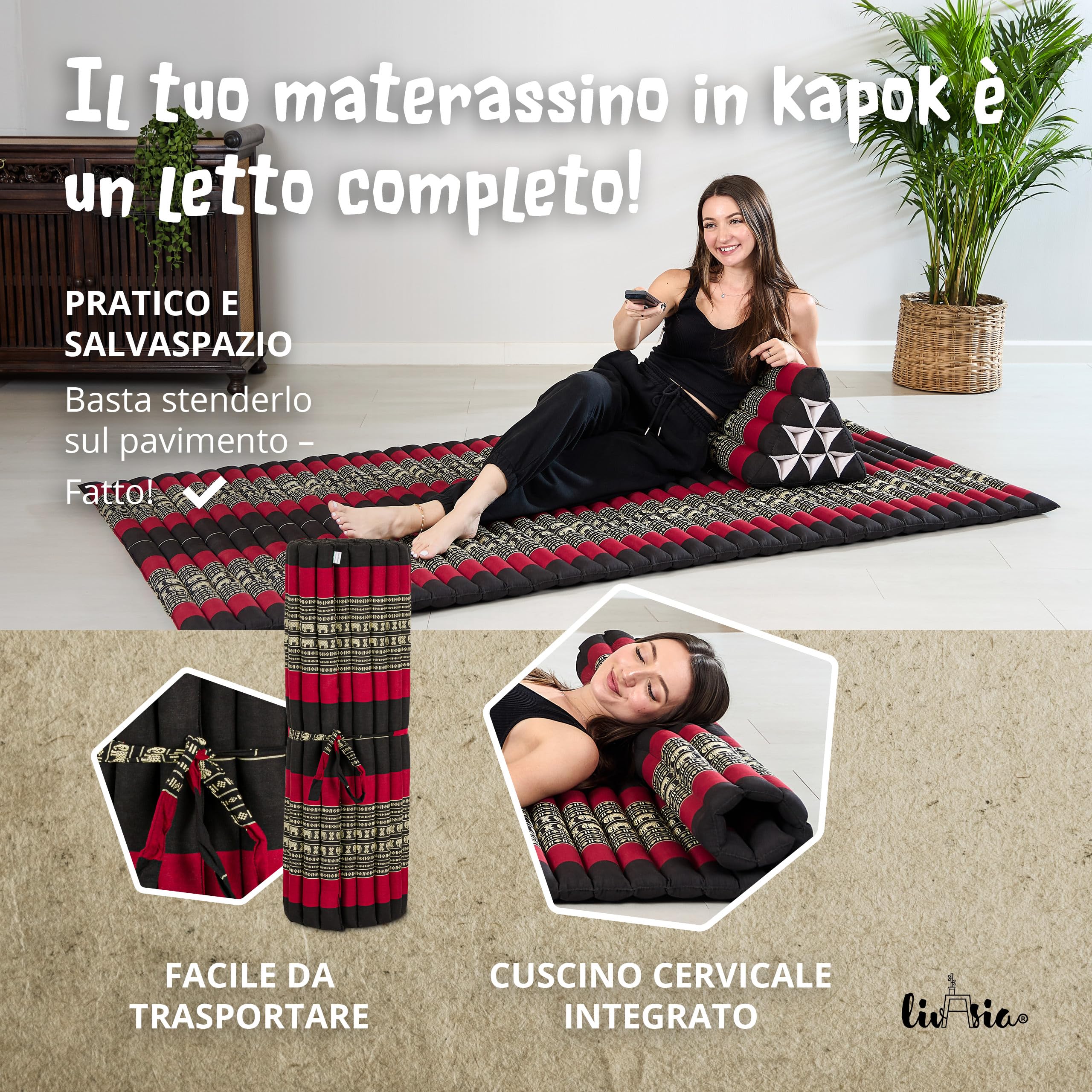 livasia tappetino materasso arrotolabile L largo - 200x110x4,5cm - letto materasso per ospiti 1 persona, lettino da viaggio, tappetino thai kapok giardino balcone fatto a mano