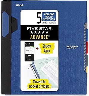 Advance Spiral Notebook + Study App, 5 Subject, College Ruled Paper, 8-1/2" x 11", 200 Sheets, Spiral Guard, Movable Tabbed Dividers, Pacific Blue (73150)