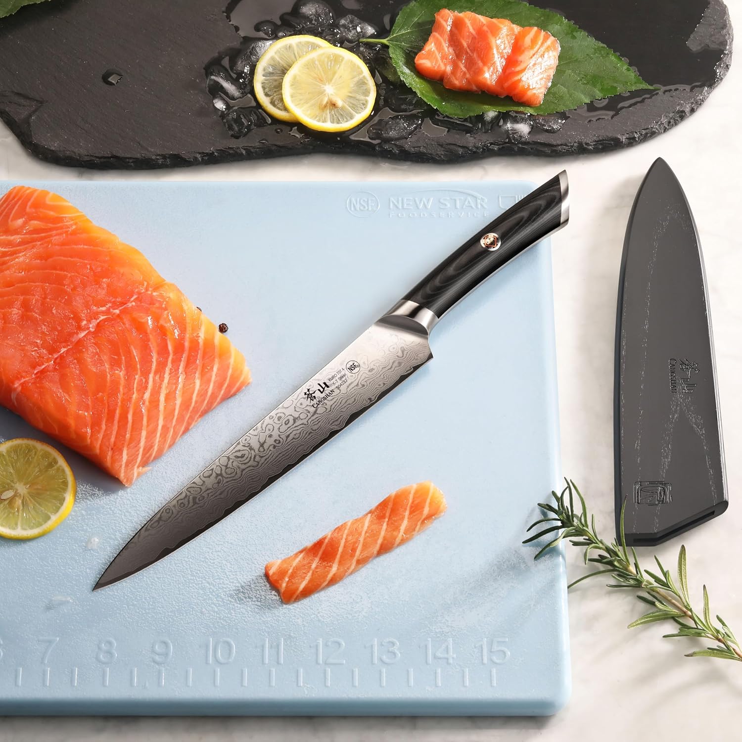 Cangshan KURO Series 8-Inch Carving and Sashimi Knife with Sheath, High Carbon X-7 Damascus Steel, 504227 - Image 7