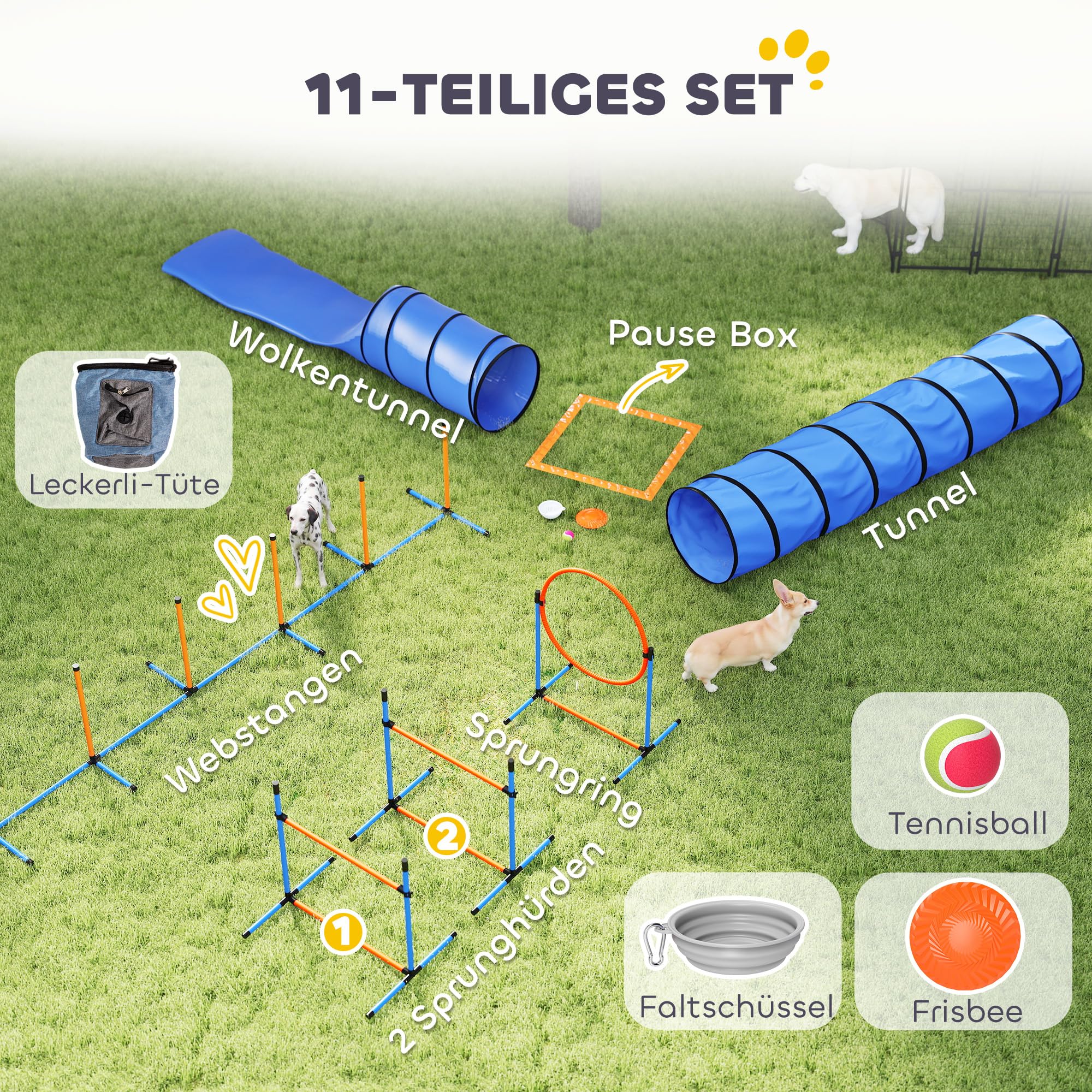 PawHut 11-teiliges Set Agility-Ausrüstung für Hunde Höhenverstellbar | 2 Tunnel, Sprungring & Hürden, Slalomstangen, Pause-Box, Tragetasche, Ball, Steckhürdenset, für Hundetraining