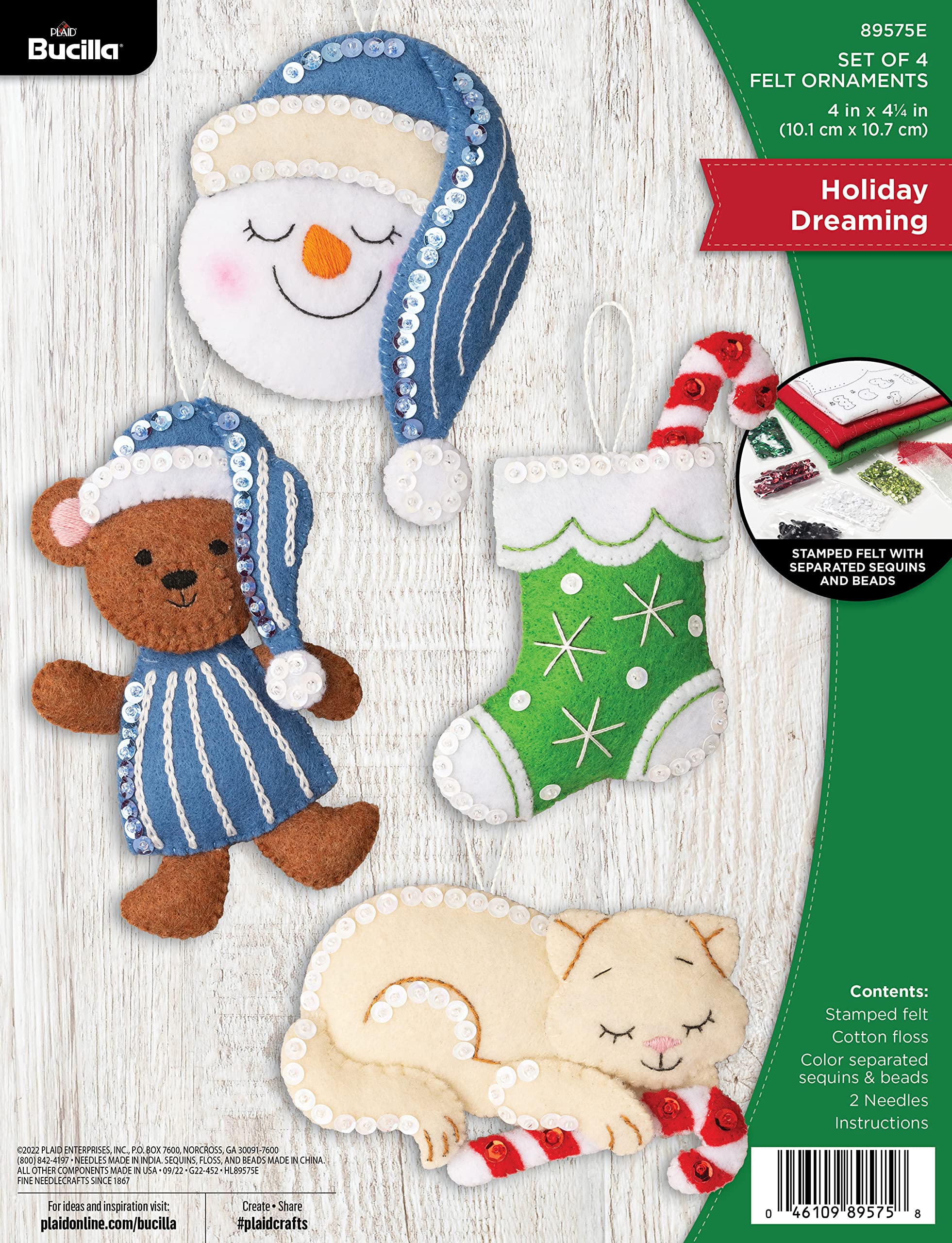 Bucilla, Holiday Dreaming zestaw 4 filcowych aplikacji, zestaw do robienia ozdób, idealny do majsterkowania Needlepoint Arts and Crafts, 89575E