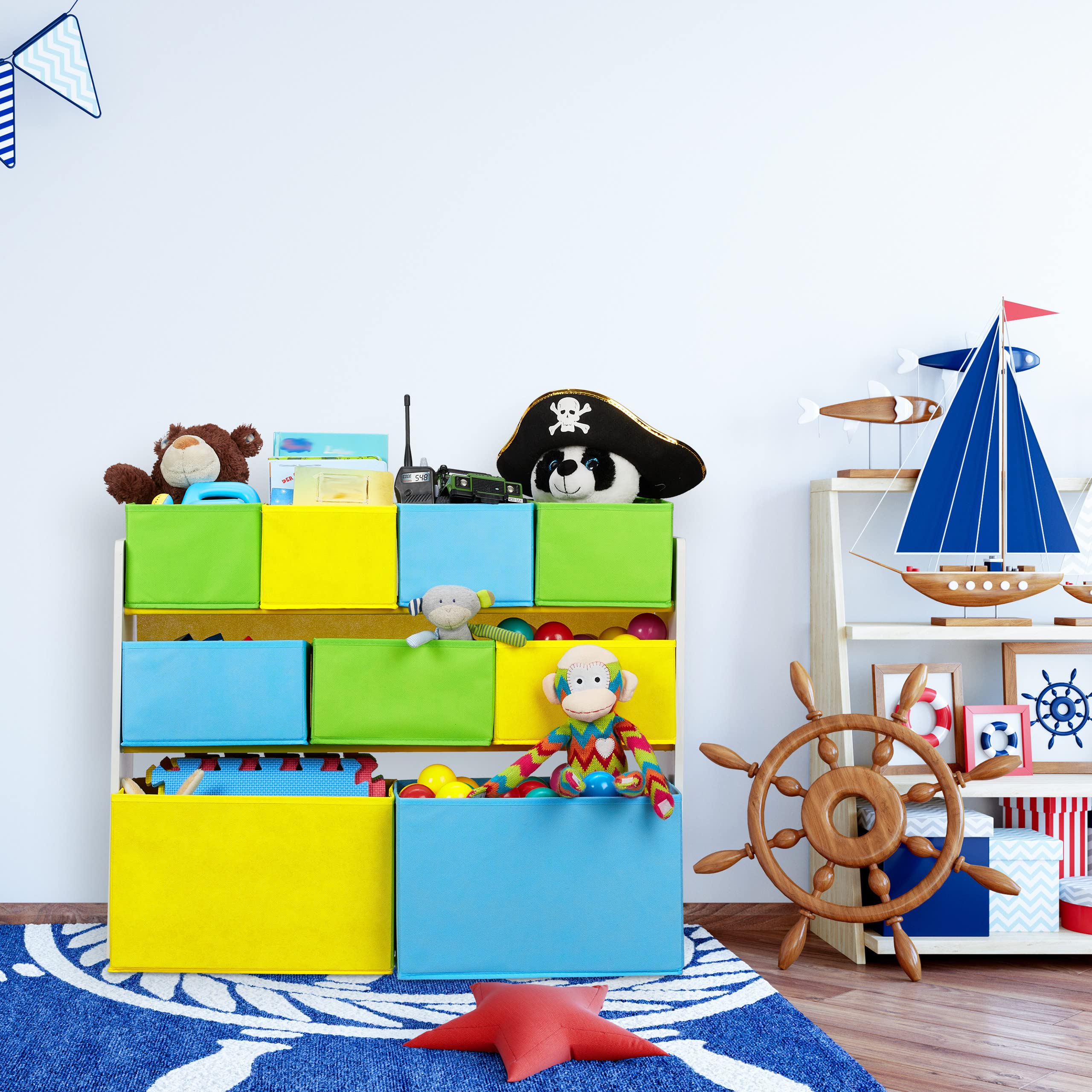Relaxdays Scaffale Porta Giochi con 9 Scatole di Stoffa, Immagine di Un Falò, Organizer, 66 x 82,5 x 29,5 cm, Colorato