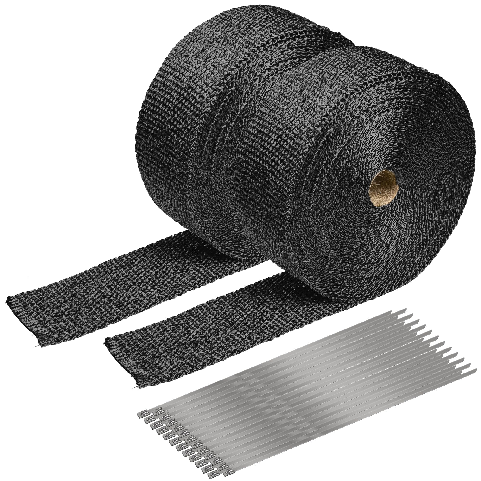 Black Exhaust Heat Wrap, Foneso 2 Roll 2'' x 50' Exhaust Header Wrap Tape Fiberglass Heat Shield Tape with 24pcs Stainless Steel Ties for Motorcycle Car Truck