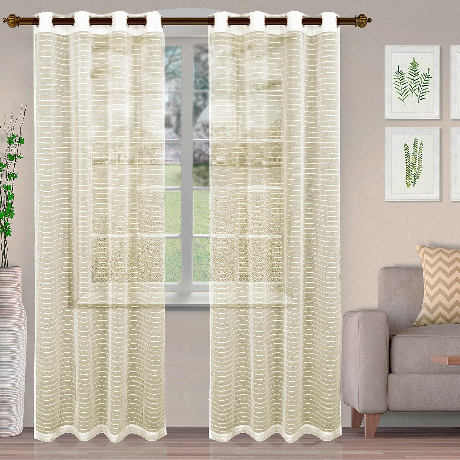 Superior Natural Light Filtering Sheer Curtain Panels, 8 Grommets, Window Treatments, Drapes Kitchen, Office, Bed, Living Room Windows, Jackson Striped Sheer Curtains, Set of 2, 52" x 96", Ivory