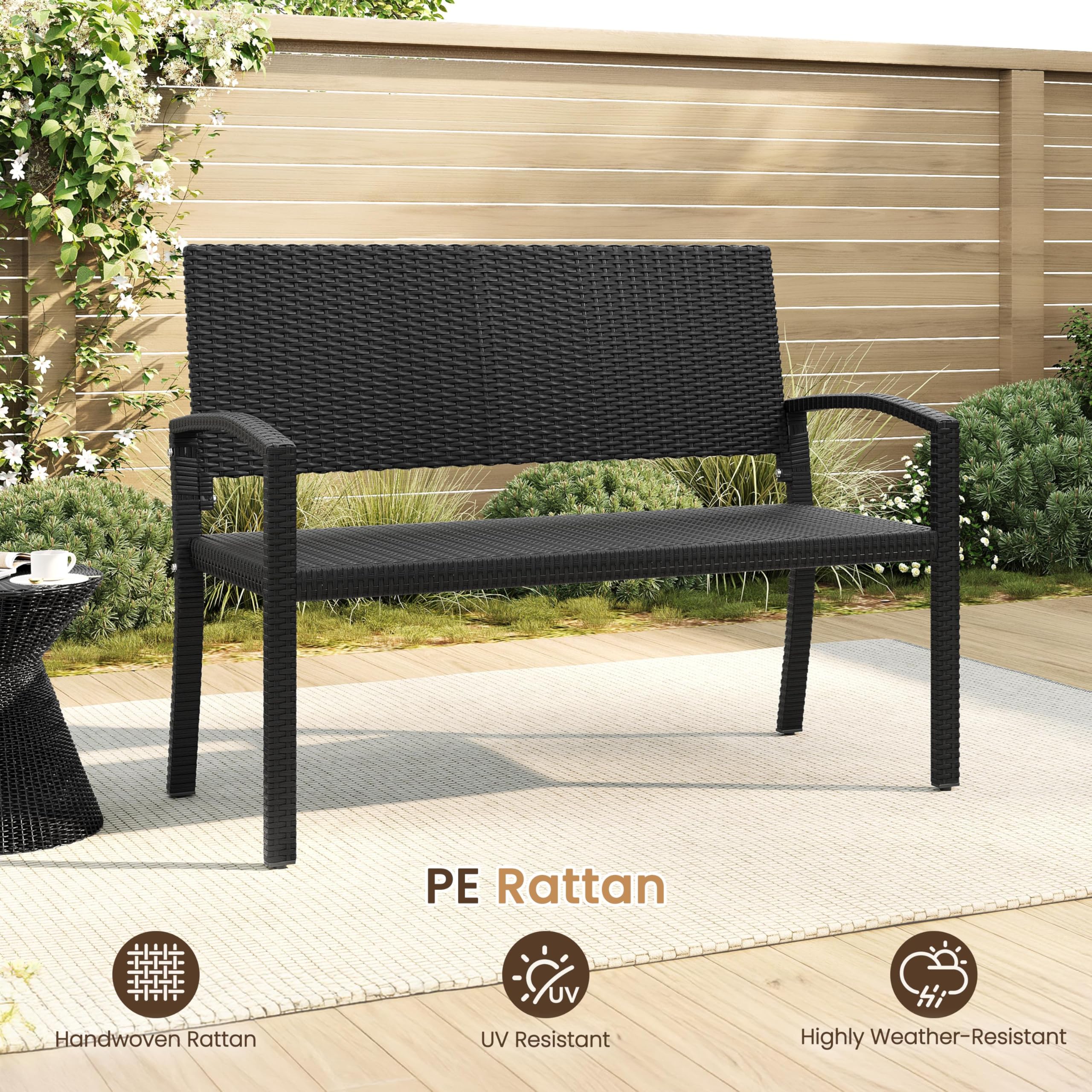 Yaheetech Banco Jardin Exterior Banco Terraza Ratán con Respaldo y Reposabrazos Negro Resistente Intemperie 121,5 × 62 × 89 cm