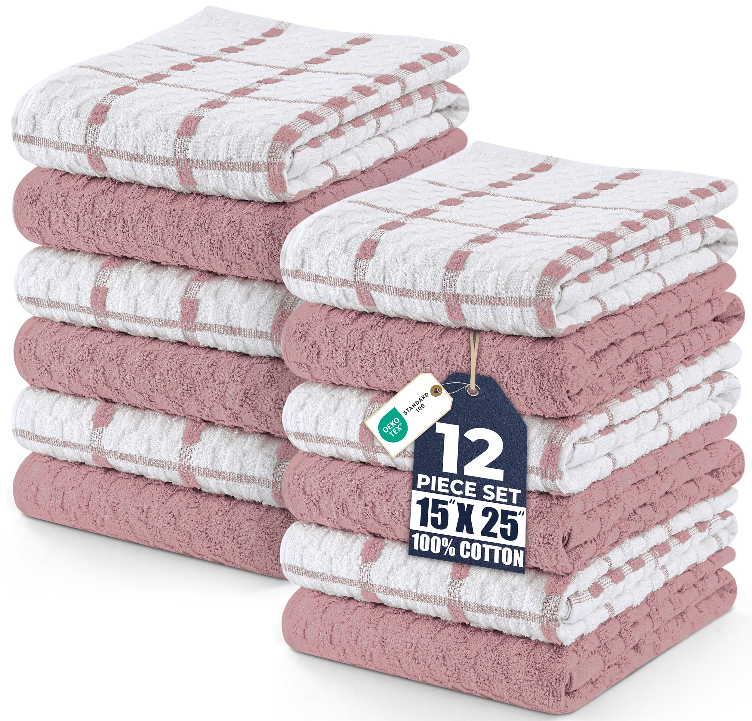 Kitchen Towel Pack (12), 15 x 25 Inch Absorbent Soft Cotton Linens, Tea and Bar Towels Set (Dusty Pink)