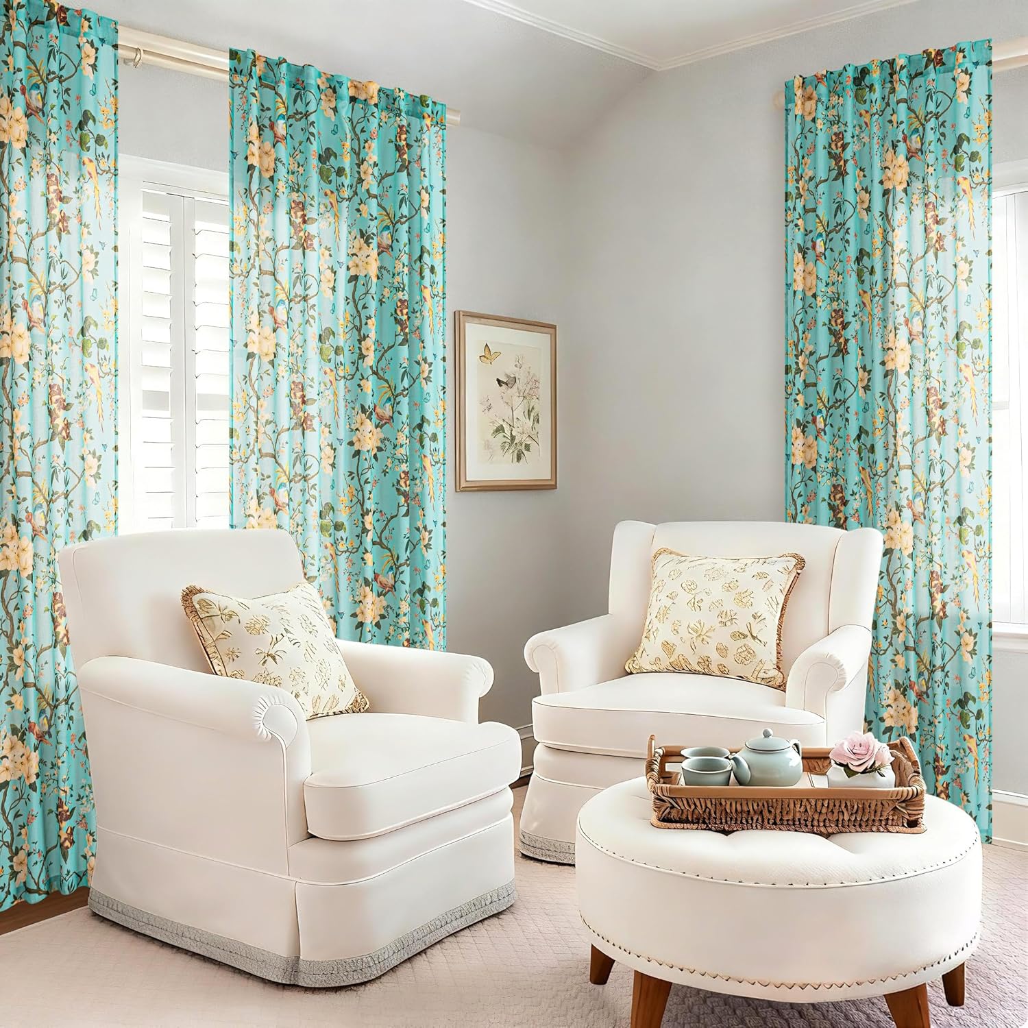 Aqua Blue and Green Linen Floral Bird 102 Inch Curtains 2 Panels Back Tab for Living Room Long Leaf Patterned Botanical Drapes Country Boho Cottage Light Filtering Semi Sheer for Bedroom Dining Room