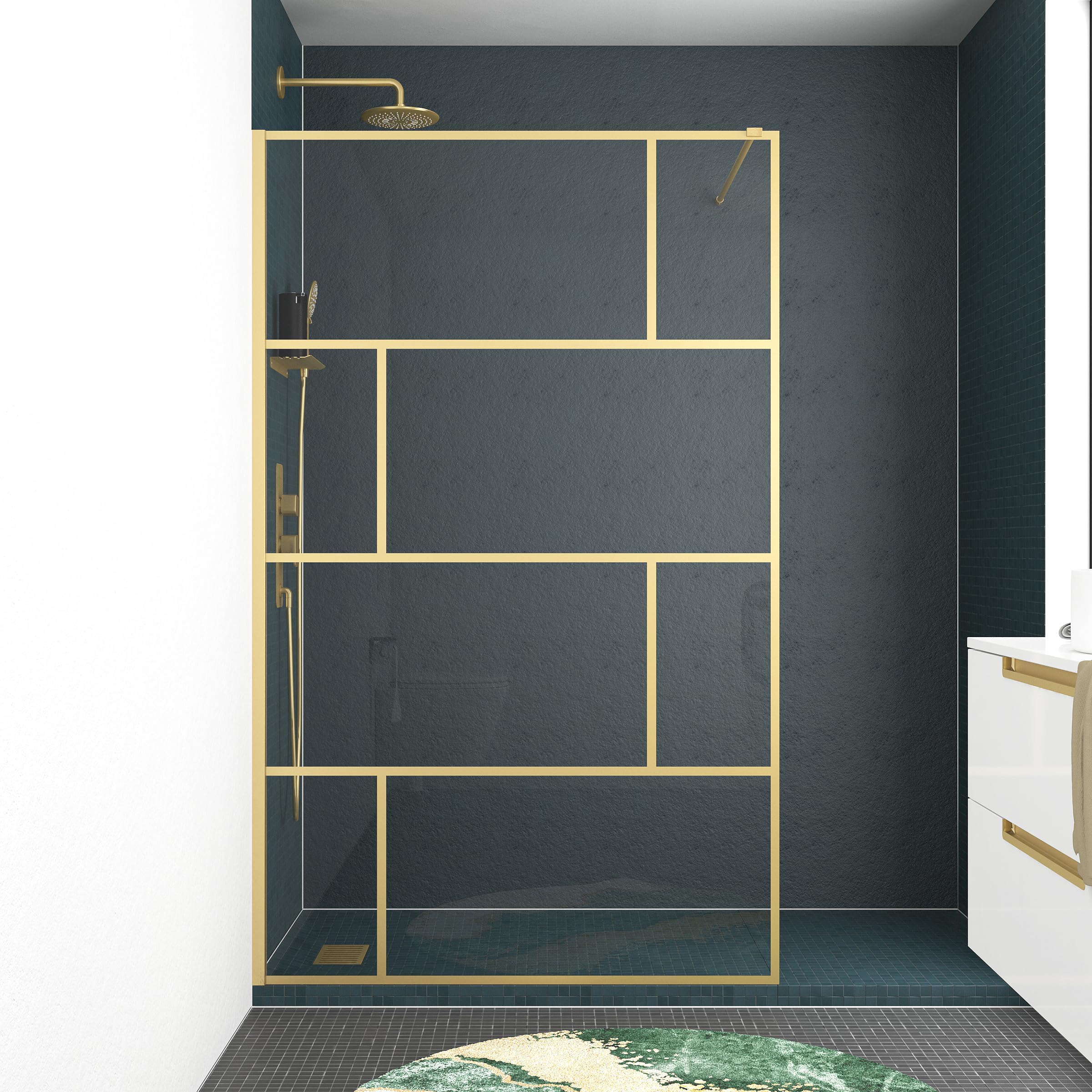 Marwell Walk In prysznic Bricks Gold 120 x 195 cm – ścianka prysznicowa z 5 mm szkła hartowanego – kabina prysznicowa ze złotym sitodrukiem i wysokiej jakości profilem ściennym aluminiowym