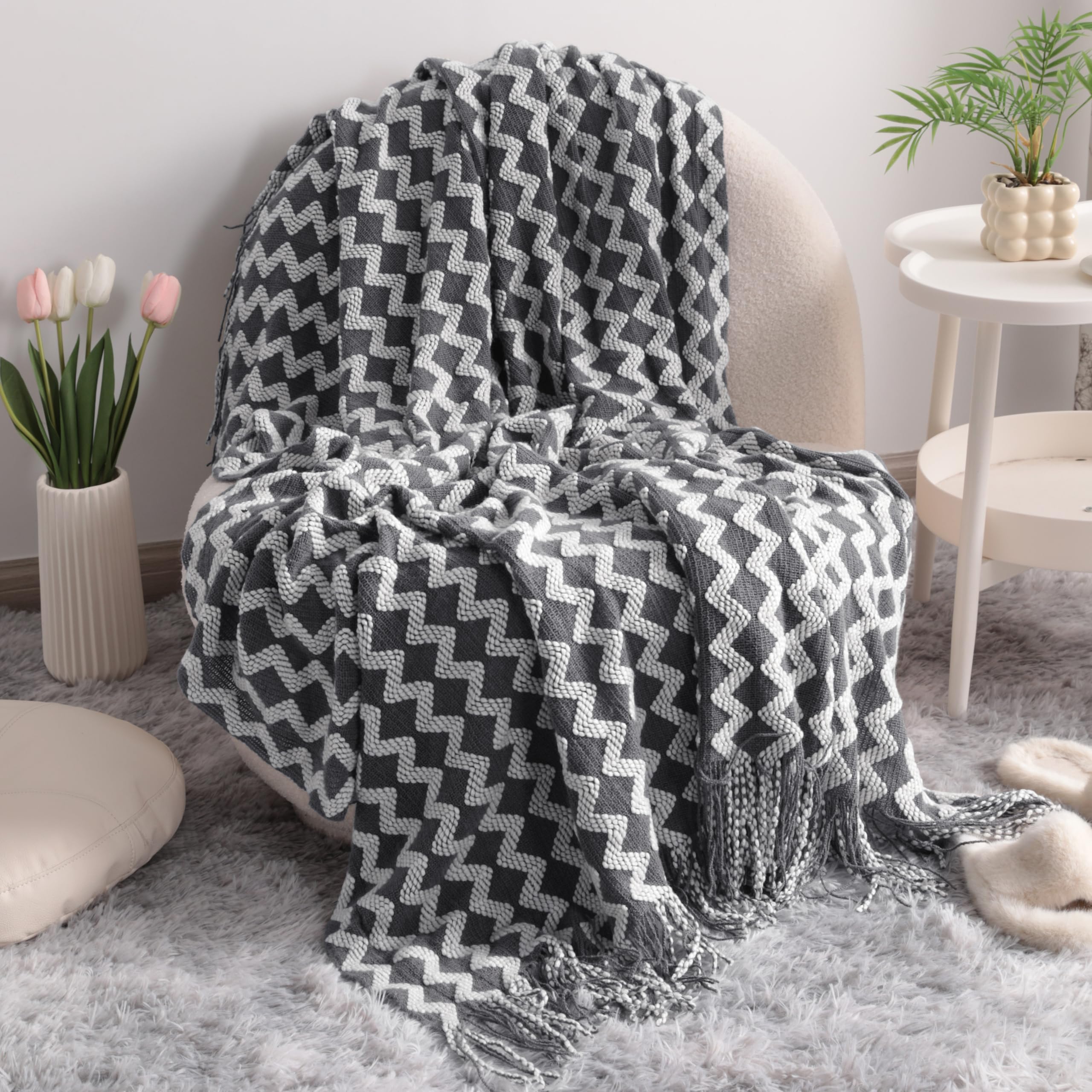 NTBAY Acrylic Knitted Throw Blanket, Lightweight and Soft Cozy Decorative Woven Blanket with Tassels for Travel, Couch, Bed, Sofa, 51x67 Inches, Grey Wave