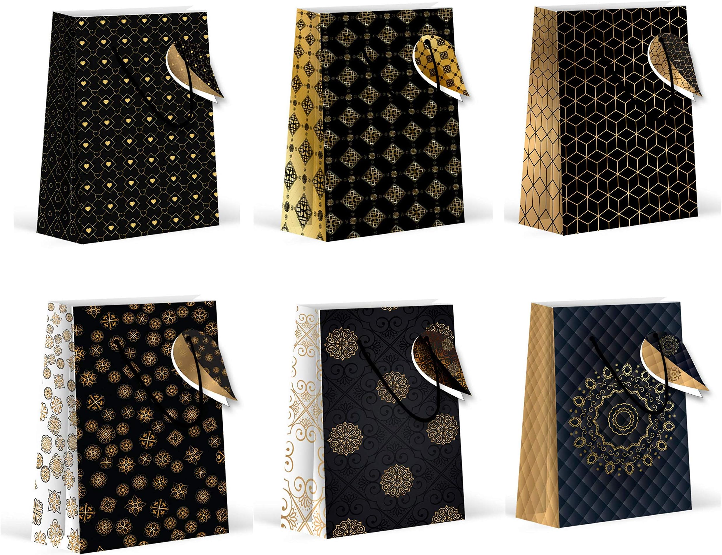 Gold Black Premium Gift Bags, Medium, Gift Bags (Family), Qty 12 (Four of Each Design)