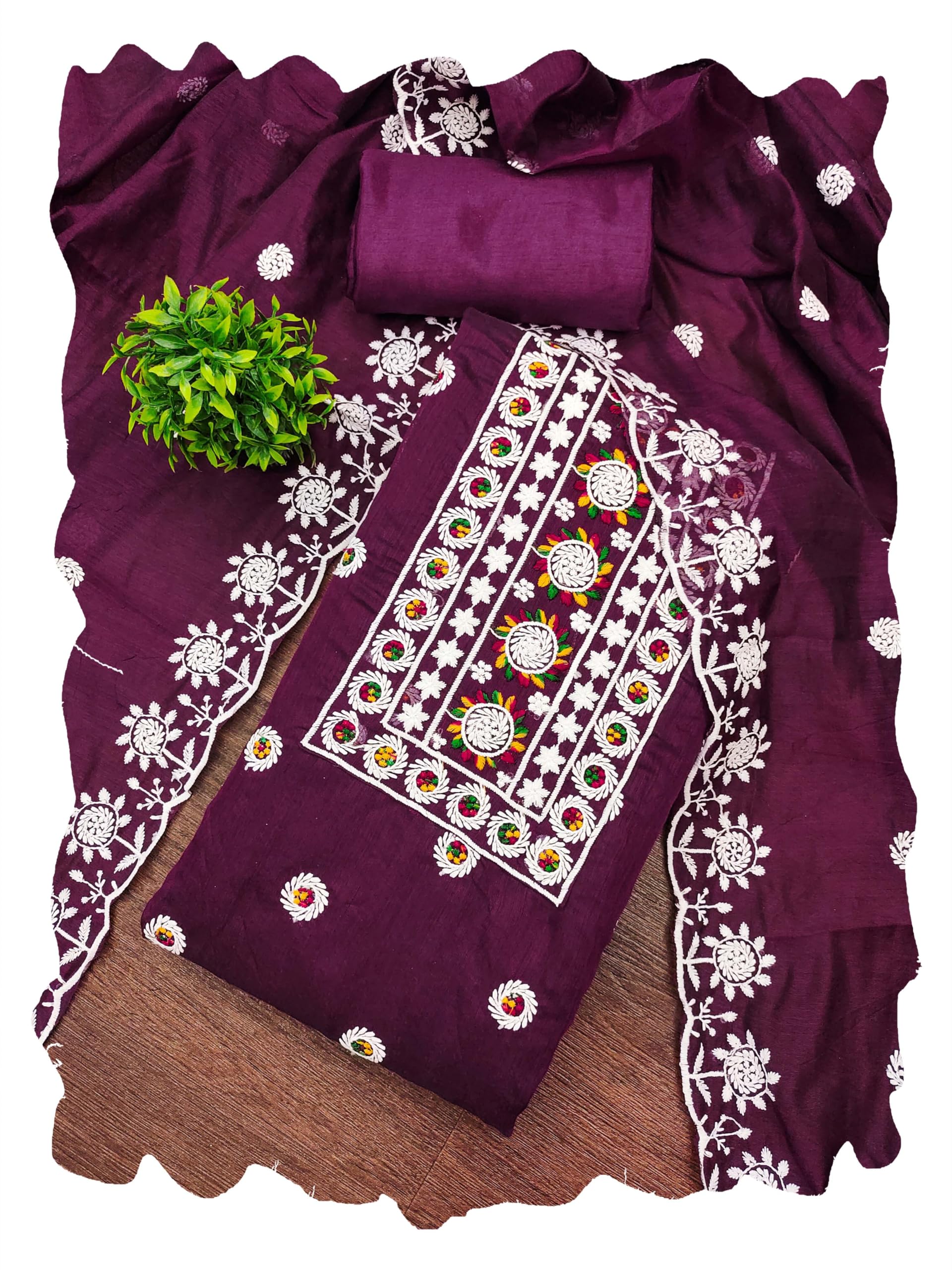 Violet Chanderi Cotton Embroidered Dress Material with Dupatta-image-7