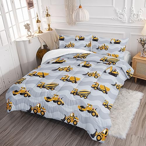 Miniatura 3 de Datura home Juego de edredón de camión de construcción para niños y niños, juego de ropa de cama de tractor de dibujos animados de maquinaria gris