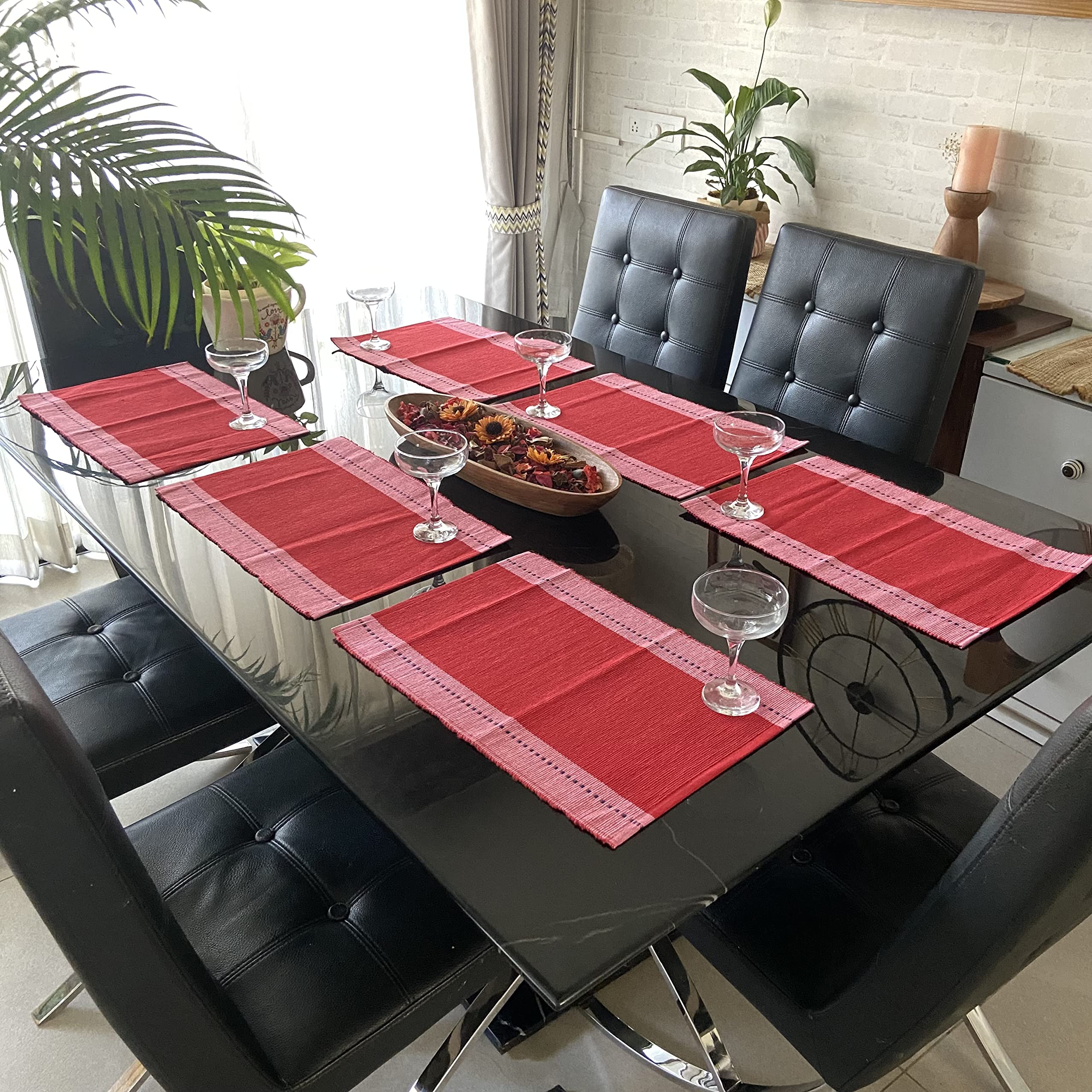RANGBHAR Handloom Washable Ribbed Cotton Tablemats/Placemats, Set of 6, 12x18, Fade/Heat Resistant, Red Pink, Striped (B09V2HW353) Amazon Price History, Amazon Price Tracker