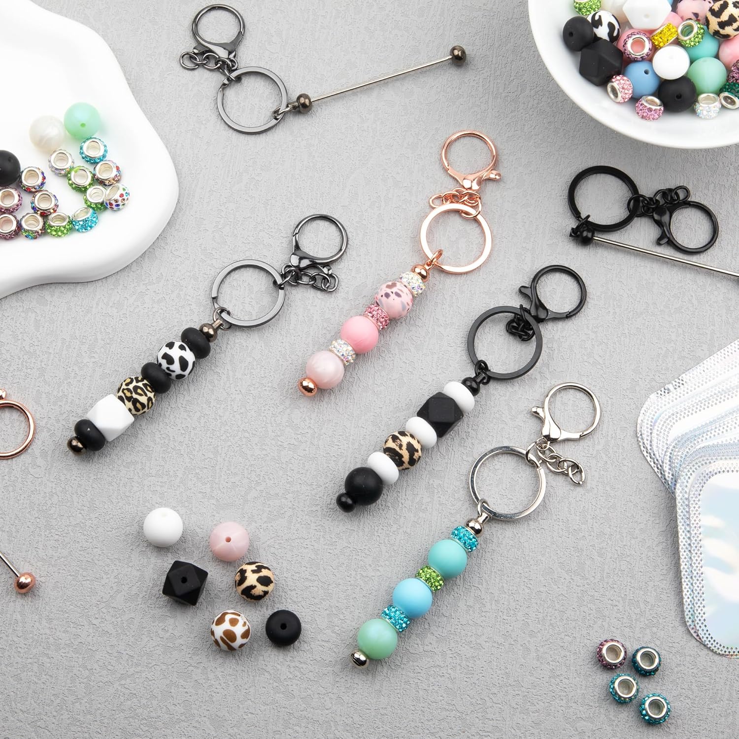 161pcs Beadable Keychains Set Bulk for Keychain Making Kit with Beadable Keychain Bar Silicone Beads Spacer Beads Gifts for Women Men DIY Crafts(Multicolor)